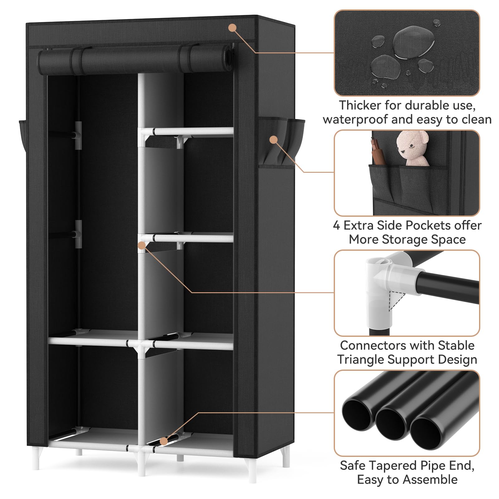 Portable Closet Wardrobe with 6 Shelves & 4 Pockets - Free Standing Clothes Organizer with Hanging Rod for Bedroom, Closet, Dorm - Easy Assembly & Sturdy Frame for Hanging Clothes Storage