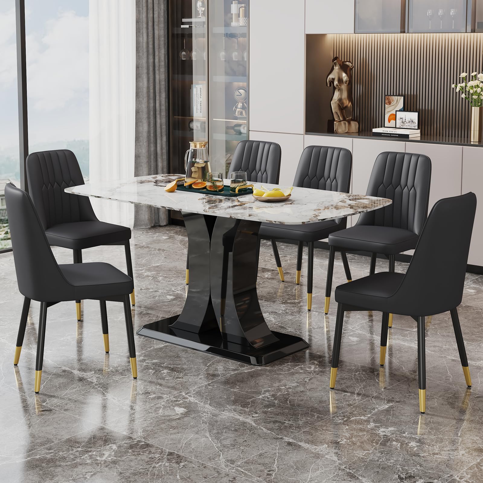 Modern PU Leather Dining Chairs Set of 6 - Armless Upholstered Kitchen Chairs with Metal Legs for Dining Room & Kitchen | Perfect for Family Gatherings, Dinner Parties & Small Space Dining