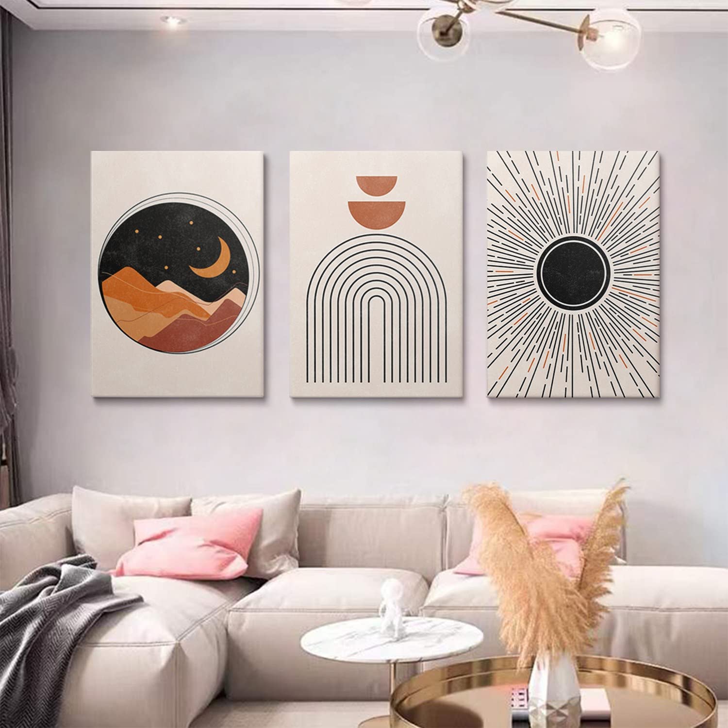 GUBIYU Boho Wall Art Decor Set of 3 - Mid Century Modern Geometric Sun Moon Desert Posters (24x36 Inch) - Vintage Botanical Prints for Bedroom, Living Room & Office Wall Decor | Perfect for Bohemian, Scandi & Minimalist Home Interiors