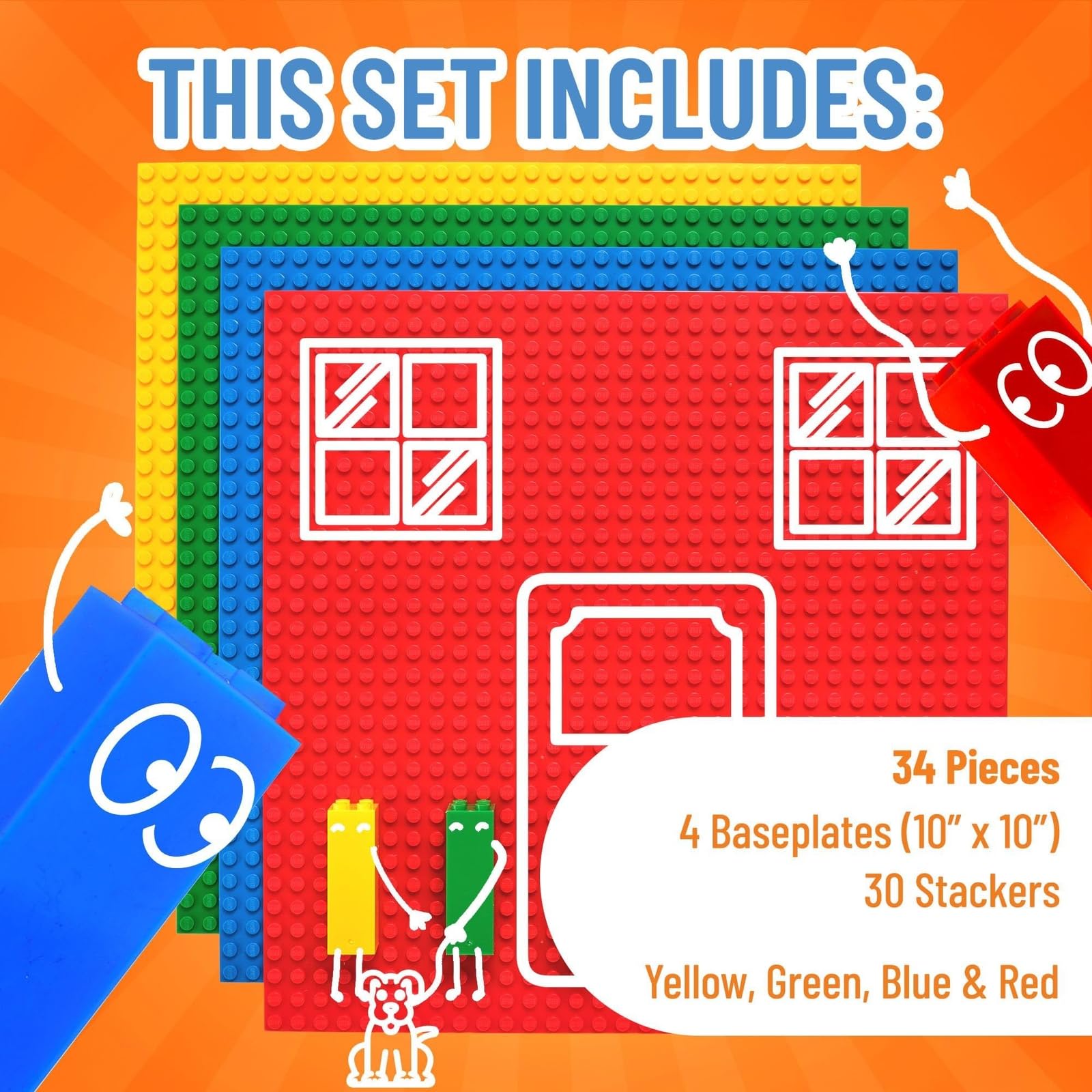 Strictly Briks Lego-Compatible 10x10 Inch Building Baseplates - 4 Stackable Toy Blocks with 30 Connectors (Blue, Green, Red, Yellow) for Kids STEM Learning | Perfect for Creative Play, Classroom Activities & DIY Brick Towers