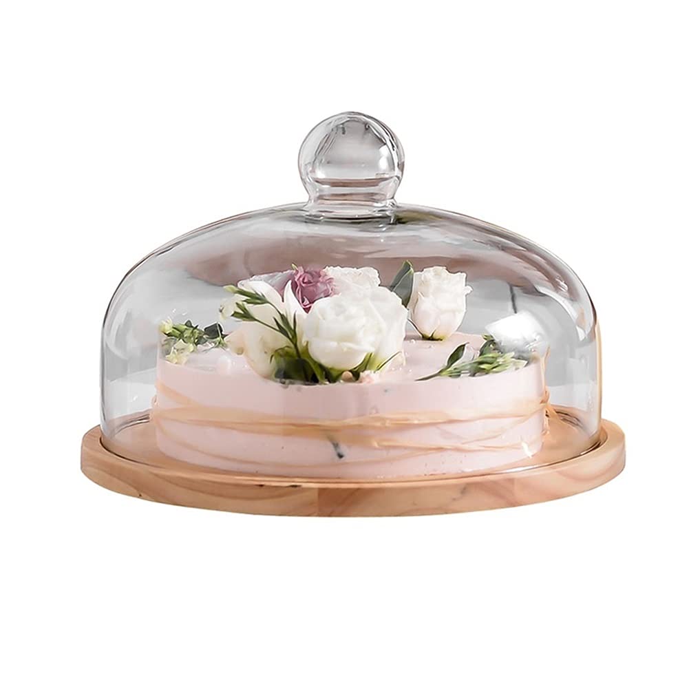 Rotating Cake Stand with Glass Cover - Wooden Dessert Display Plate for Cakes, Pizzas, Fruits - Nordic Style Serving Tray (Small Size) | Perfect for Birthday Parties, Tea Time, and Home Decor