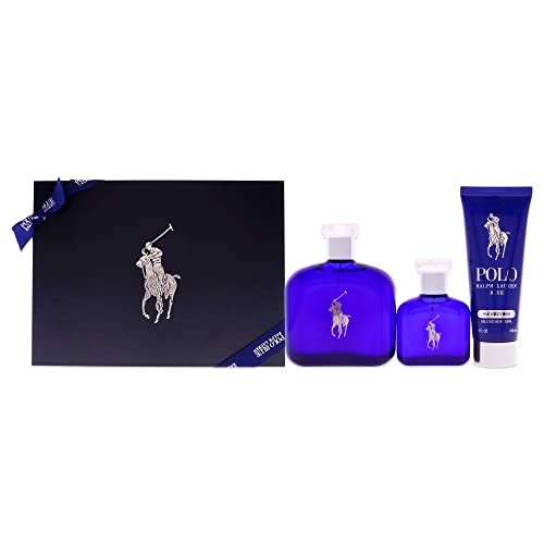 Ralph Lauren Polo Blue Men's 3-Piece Cologne Gift Set - 4.2oz EDT Spray, 1.36oz EDT Spray & 3.4oz Hair & Body Wash - Perfect for Gifts, Travel & Everyday Use