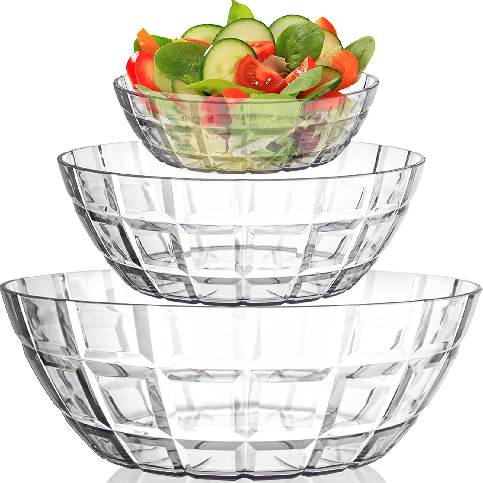 Okllen Set of 3 Clear Plastic Serving Bowls - 14oz, 51oz & 115oz Mixing Bowls for Salad, Snacks, Popcorn, Chips & Dip - Shatterproof Crystal Bowls - Perfect for Parties, Entertaining & Family Gatherings