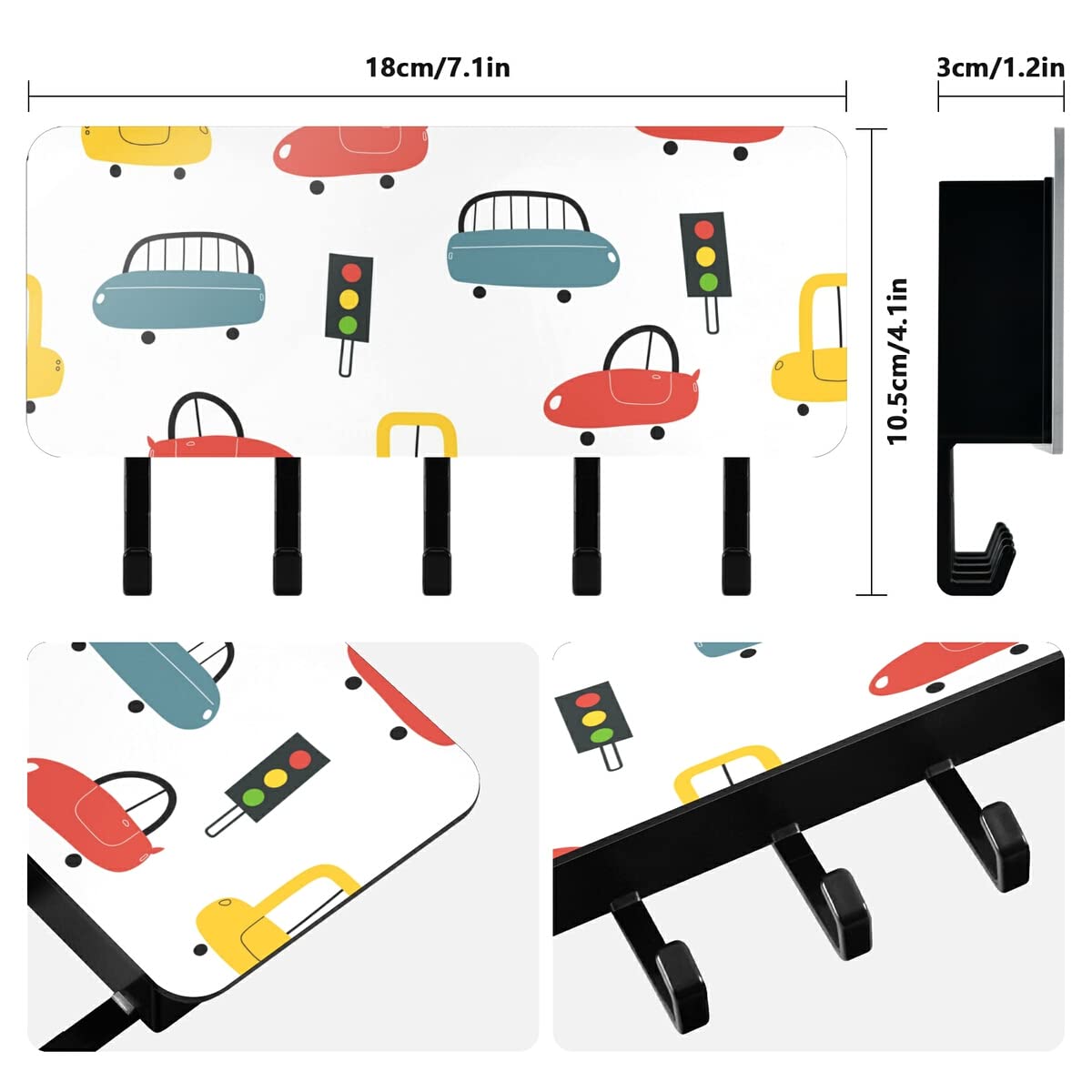 Cartoon Cars Key Holder Wall Mount - 5 Hook Wall Hanger for Keys, Mail & Organizer | Durable Entryway Decor for Hallway, Front Door & Home Organization