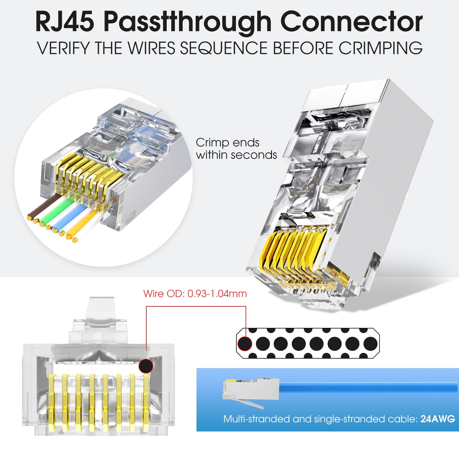 AVARTEK 50-Pack Gold Plated RJ45 Ethernet Connectors - Cat5, Cat5e, Cat6 Shielded Pass Through Plugs for UTP Solid & Stranded Network Cables - Ideal for Home Networking, Office Setup & Server Room Installations