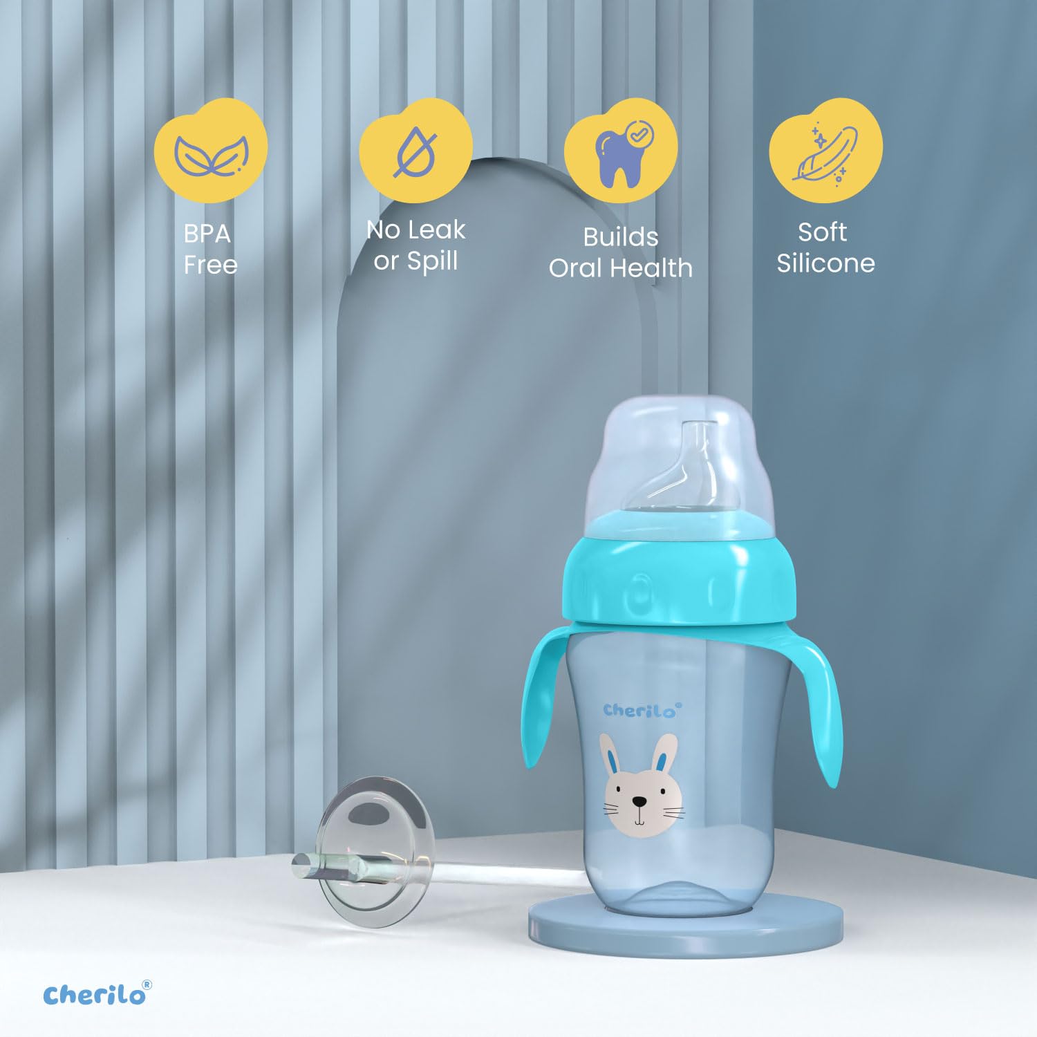 Cherilo Little Bunny Baby Sippy Cup - Leak Proof Training Cup for 6-12 Month Olds - Soft Silicone Spout & Straw with Handles - BPA Free Non-Toxic Baby Water Bottle (210ml, Blue) - Perfect for Daycare, Travel & Learning to Drink Independently