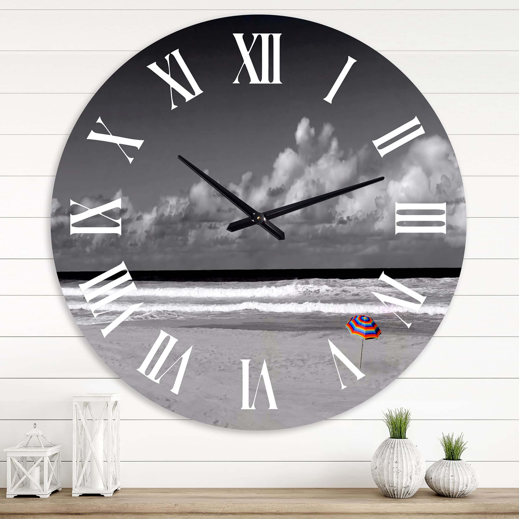 DesignQ Lake House Wall Clock - 'Monochrome Coastline Under Cloudy Sky' Landscape Nature Decor - Large Modern Wall Clock for Living Room, Bedroom & Office - Perfect for Home, Cottage & Coastal Interior Design