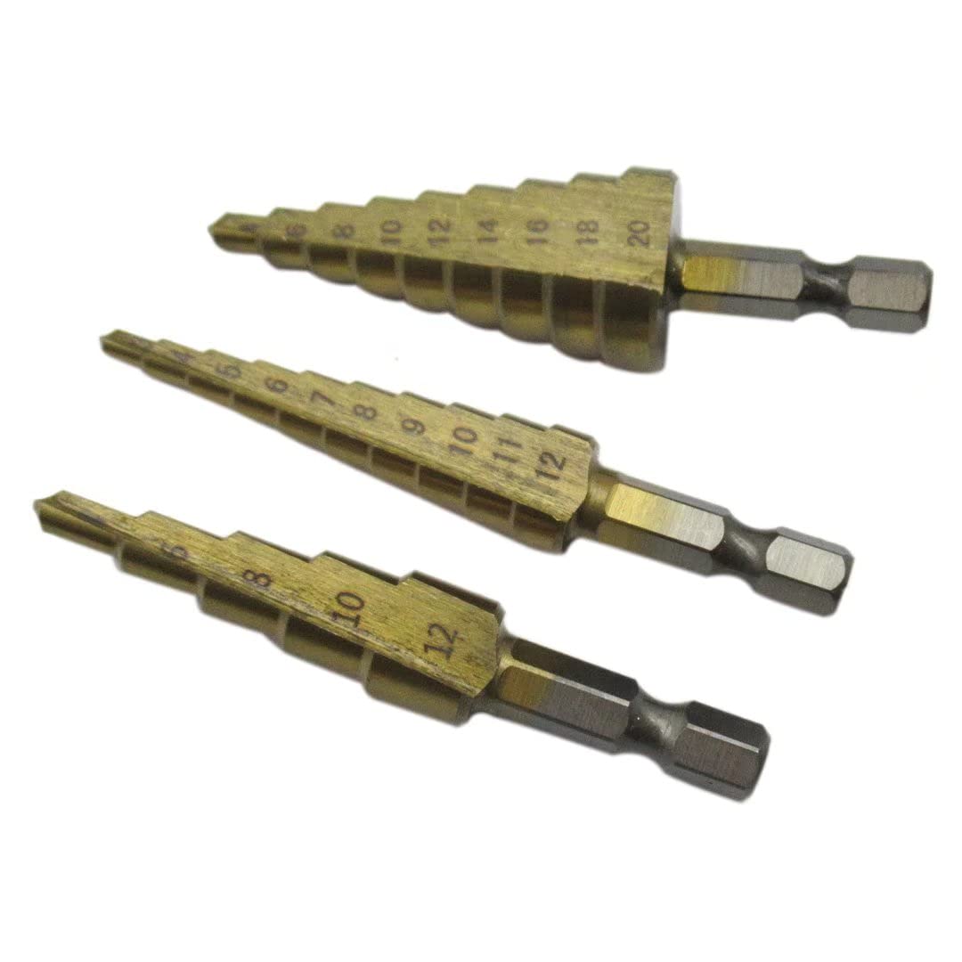 3-Piece Titanium Step Cone Drill Bit Set - 4-12/20/32mm Hole Cutter for Metal, Wood, Plastic - Perfect for DIY Projects, Home Repairs & Crafting