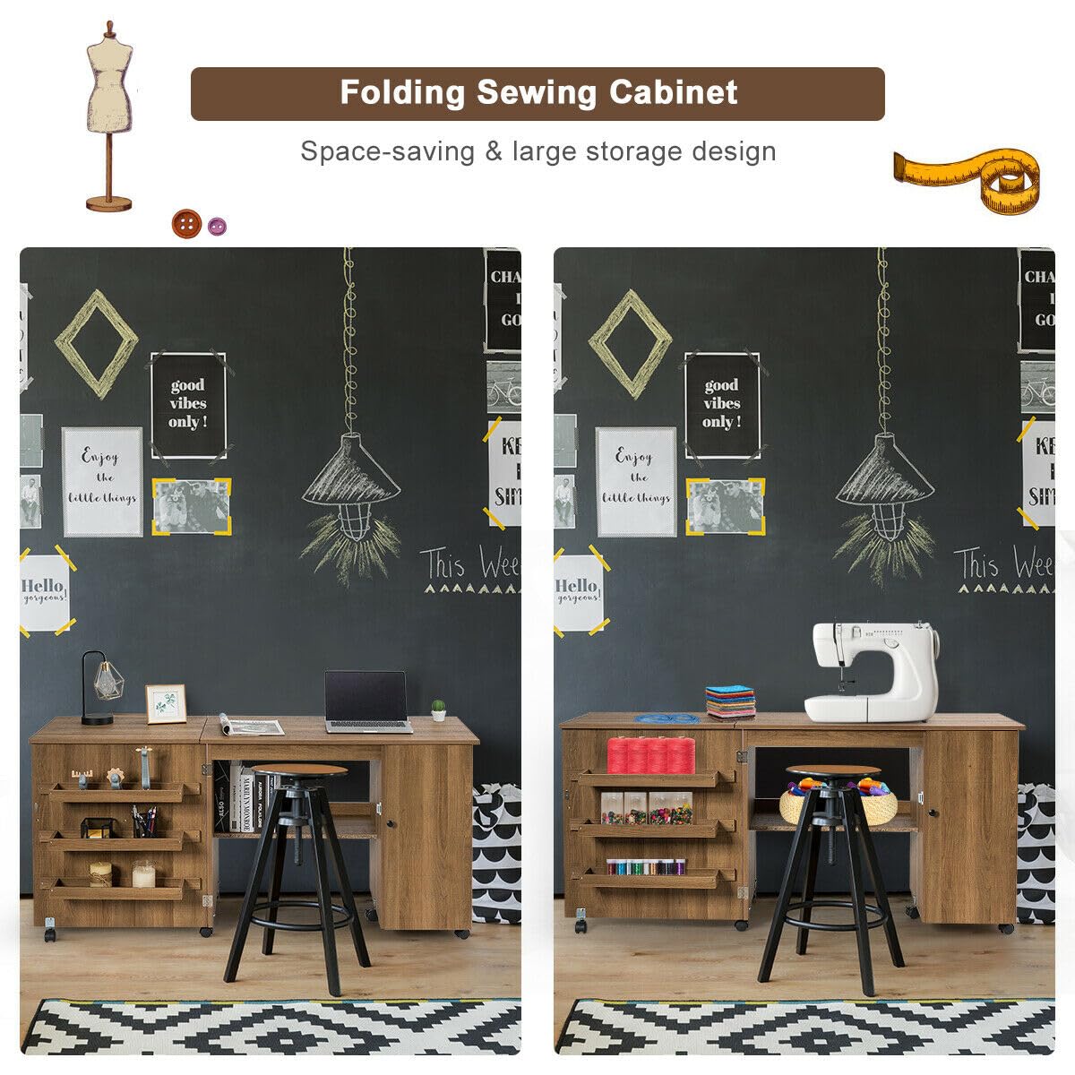 Foldable Sewing & Craft Table with 3 Storage Bins, Adjustable Shelf & Lockable Wheels - Compact Rolling Sewing Machine Workstation for Small Spaces & Apartments - Perfect for Quilting, DIY Projects & Home Crafting (Natural Wood Finish)
