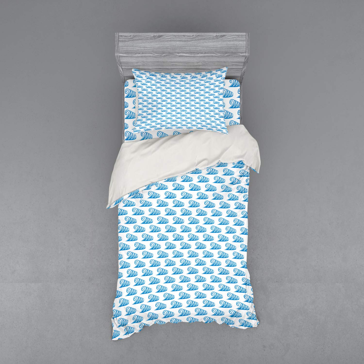 Ambesonne Nautical Twin Size 3-Piece Bedding Set - Monochromatic Ocean Waves Duvet Cover with Sham & Fitted Sheet, Azure Blue & White - Perfect for Beach House, Coastal Decor & Summer Themed Bedrooms