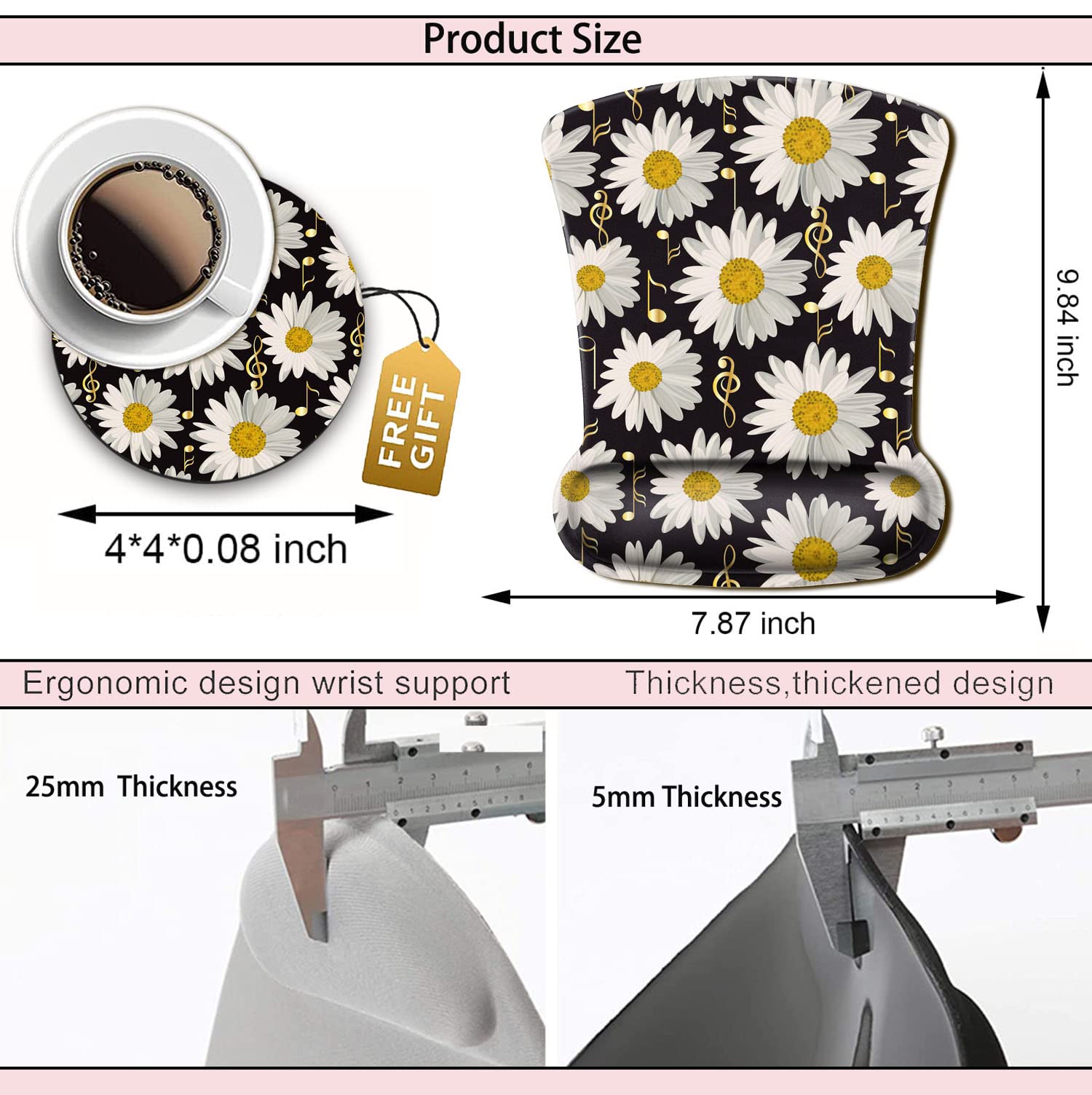 Ergonomic Gel Mouse Pad with Wrist Support - Non-Slip Soft Office & Gaming Mouse Pad for Fatigue Relief - White Daisy Flowers Music Notation Design - Perfect for Typing, Computer Work & Long Gaming Sessions