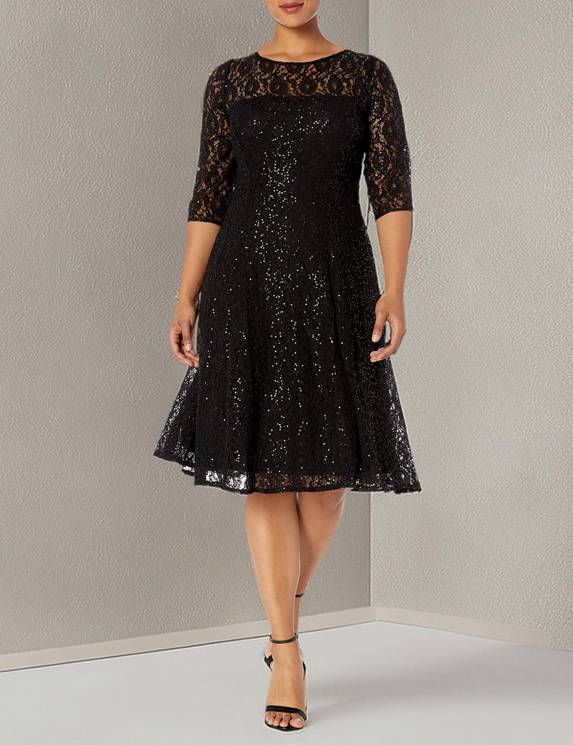 S.L. Fashions Women's Plus Size Lace and Sequin Fit and Flare Dress - Elegant Party & Evening Gown for Weddings, Prom, Cocktail Events