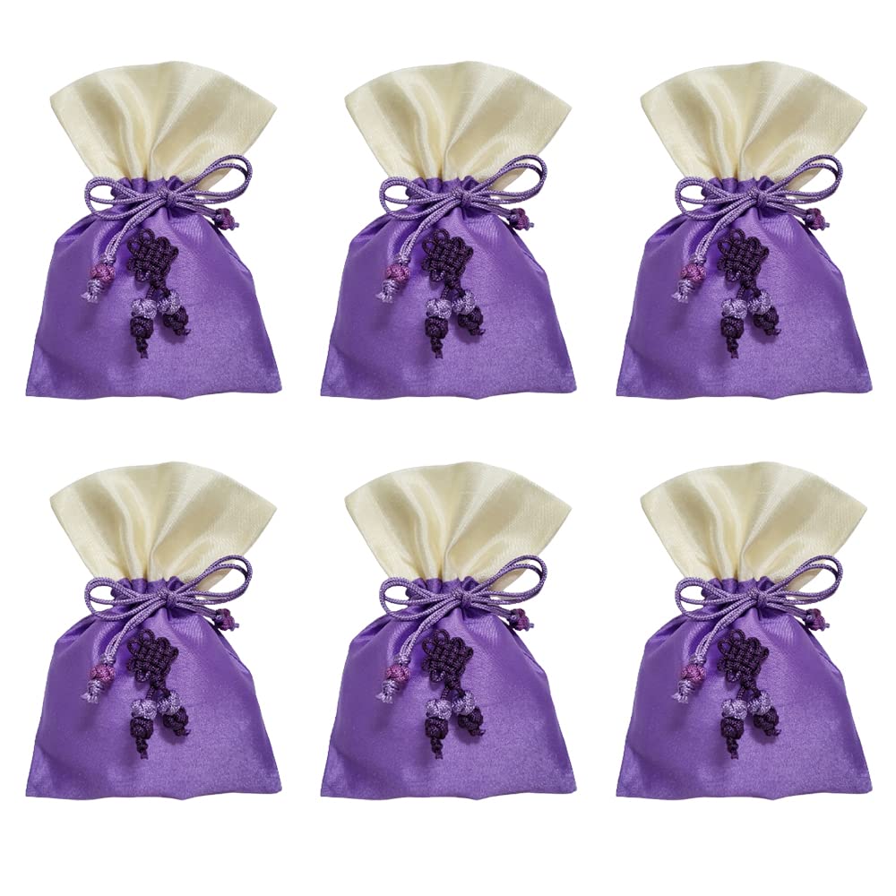 6 Pack Korean Traditional Lucky Pouch Bags - Purple Jewelry & Coin Pouches, Fabric Gift Wrap for Wedding Favors, Birthday Presents & Travel Organizers