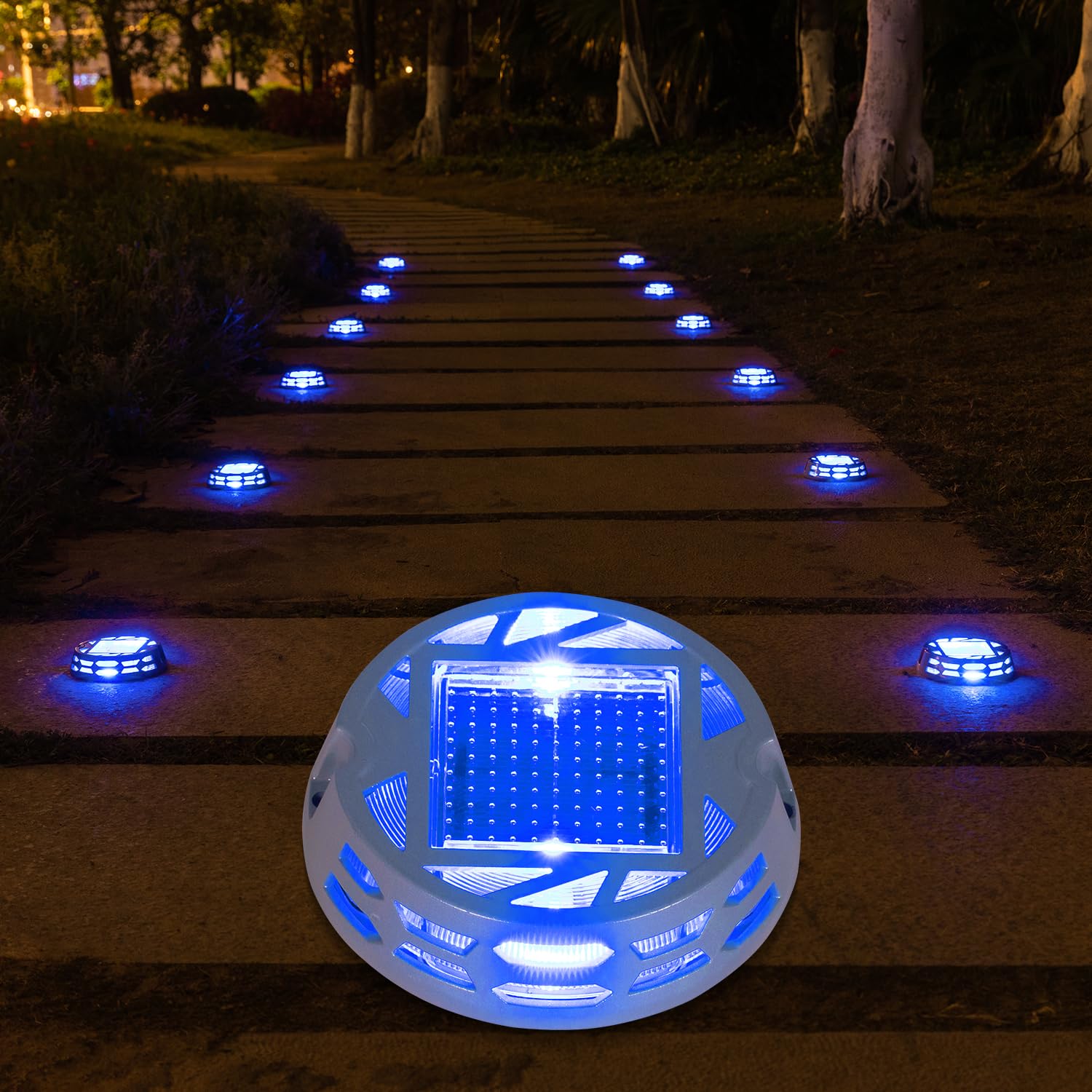 Solar Deck Lights Outdoor - 3 Lighting Modes (Warm/Bright White & Blue), IP67 Waterproof LED Pathway Markers for Driveway, Sidewalk, Garden, Yard & Dock - Perfect for Nighttime Safety and Landscape Lighting