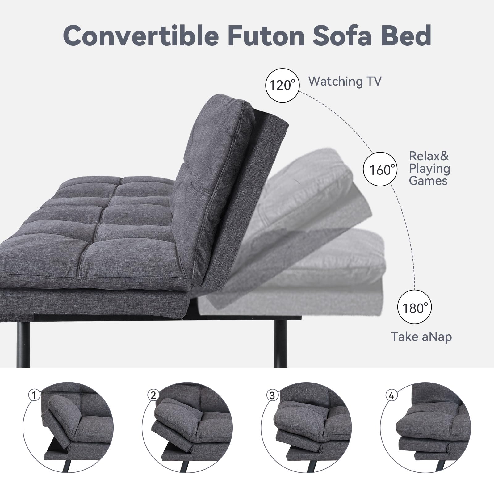 Hcore Convertible Futon Sofa Bed with Memory Foam - Modern Splitback Loveseat Sleeper for Living Room, Office & Apartment - Classic Grey Polyester Fabric | Perfect for Small Spaces, Guest Rooms & Studio Apartments