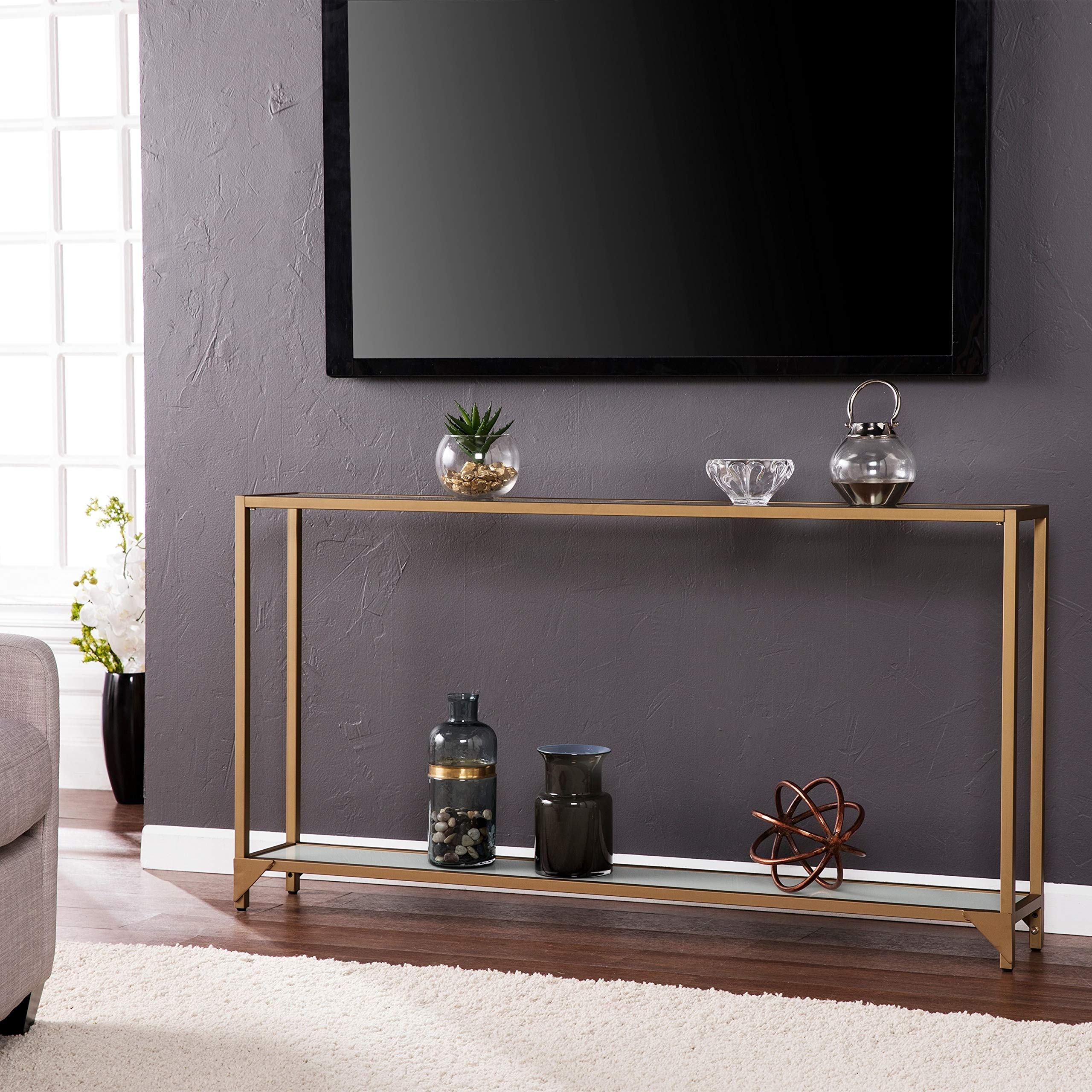 Elegant Gold Narrow Metal Console Table with White Glam Rectangle Glass & Iron MDF - Gold-Tone Finish, Includes Hardware Shelf Storage - Perfect for Entryway, Living Room & Hallway Decor
