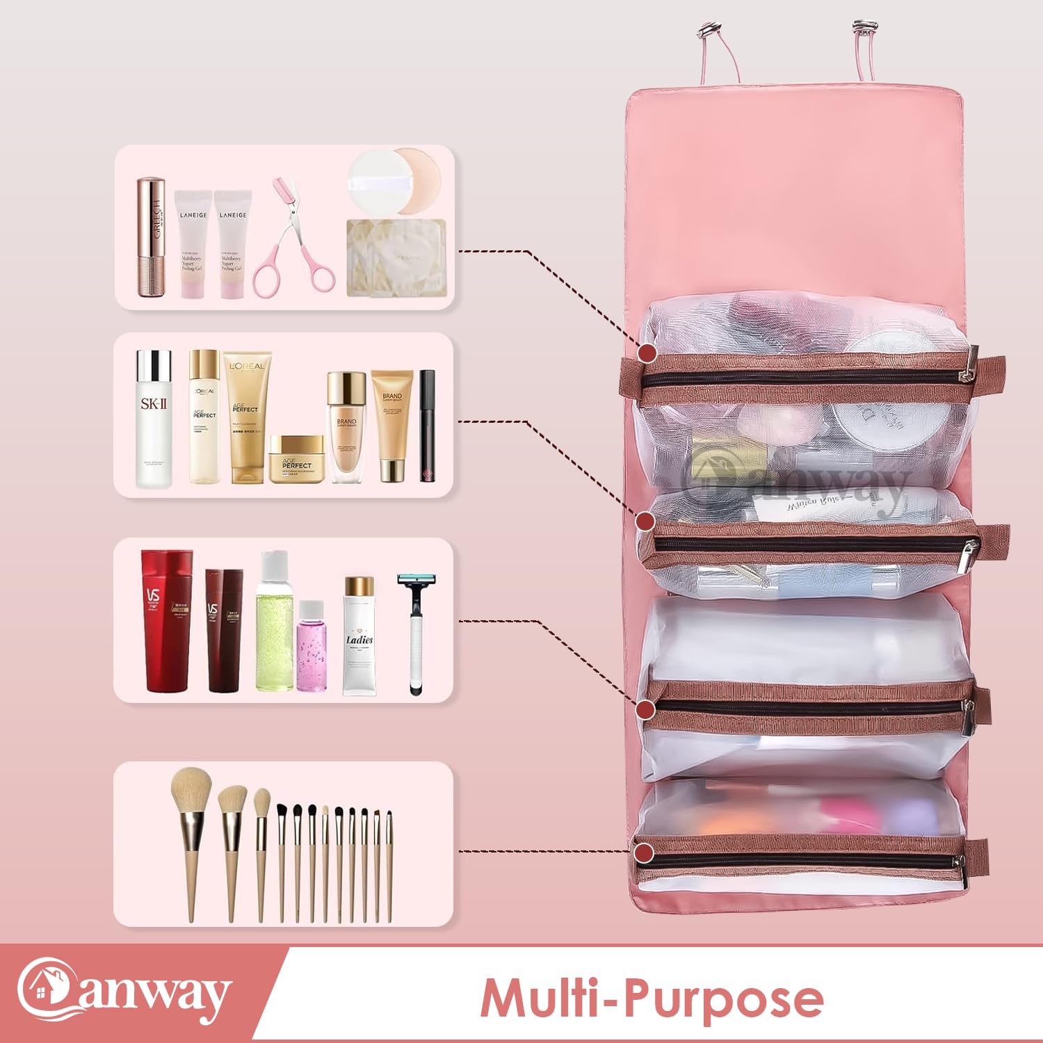 CANWAY® 4-in-1 Foldable Hanging Cosmetic Organizer - Travel Toiletry Bag for Women, Pink | Perfect for Bathroom Storage, Makeup Organization & Suitcase Packing