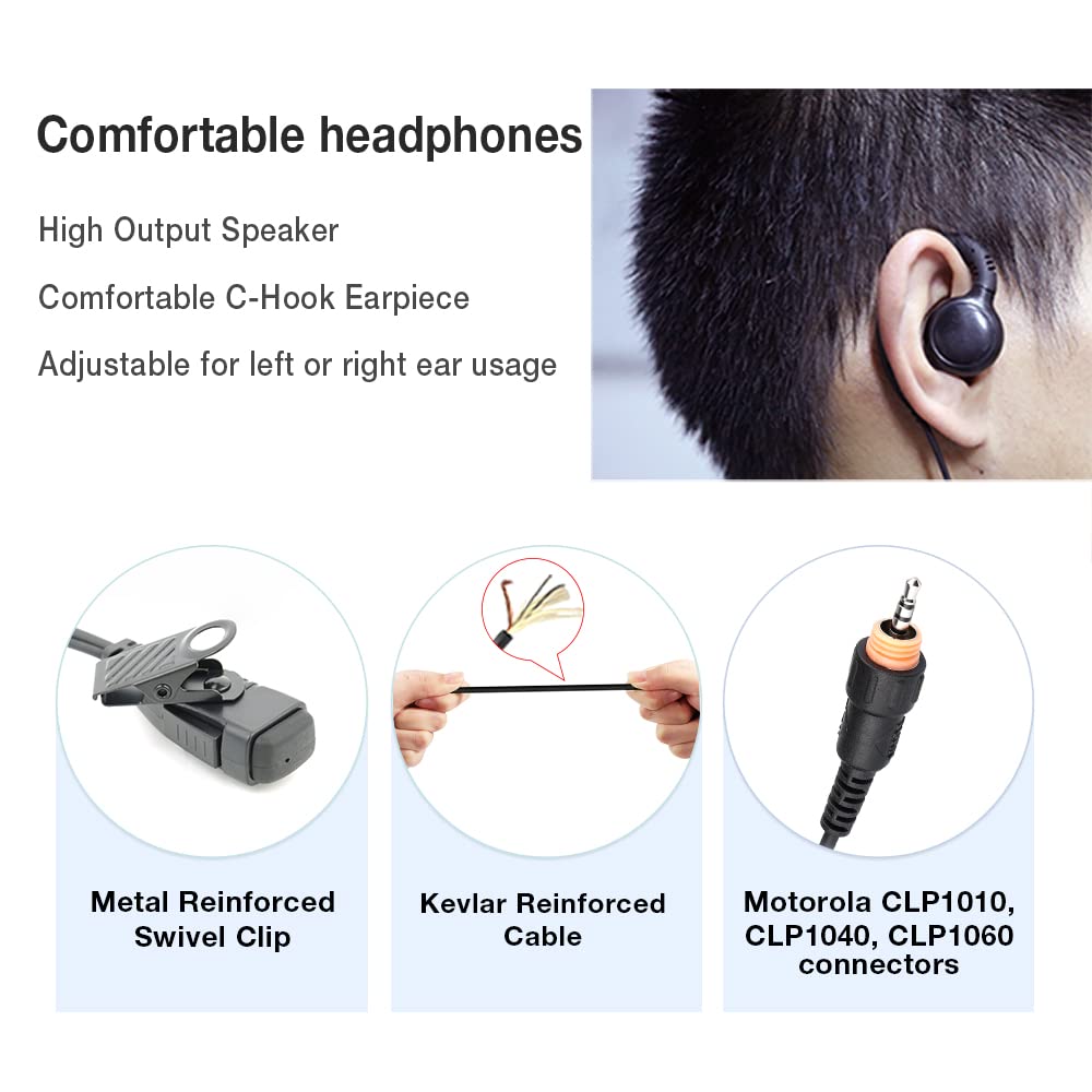 3.5mm C-Shape Walkie Talkie Earpiece with PTT Mic - Compatible with Motorola CLP1010/1040/1060 Two-Way Radios - Secure & Comfortable Radio Headset for Security Guards, Event Staff & Construction Workers