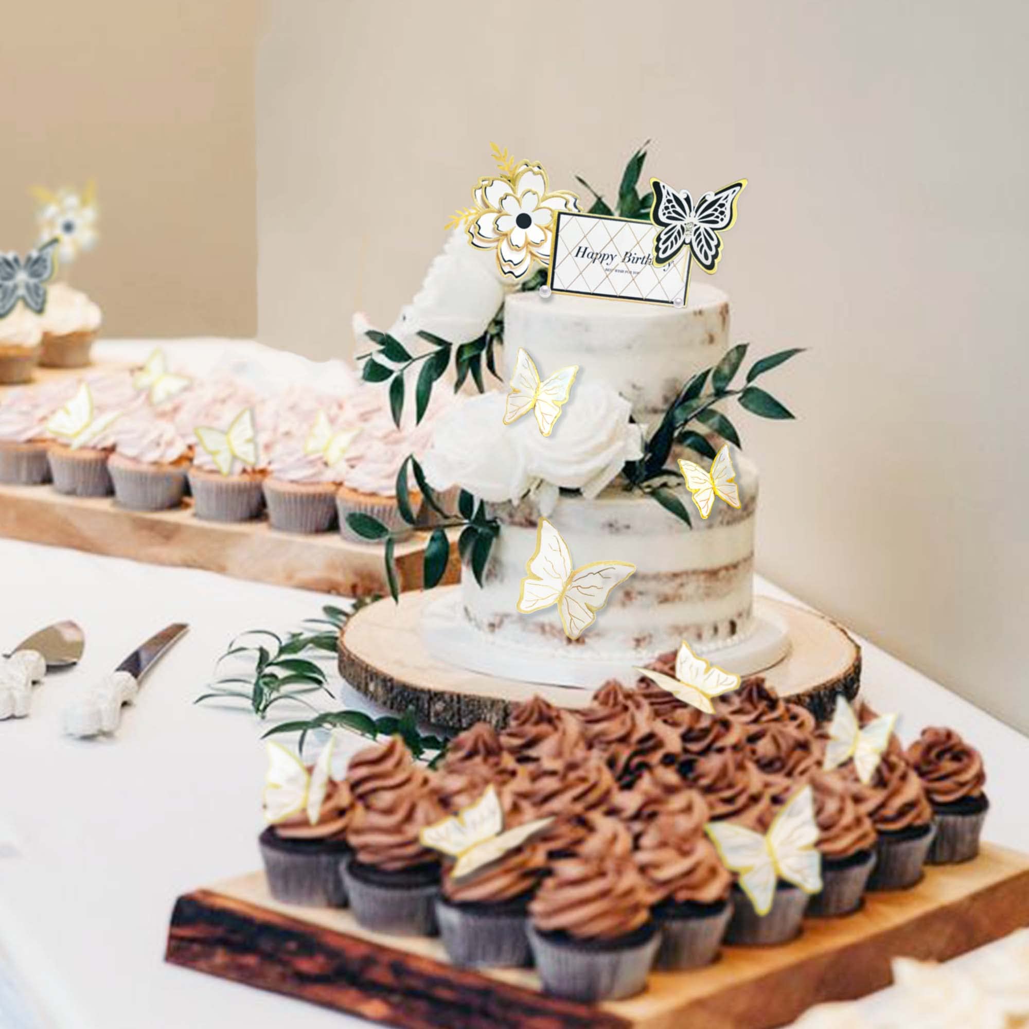 8-Piece White Gold Flower Butterfly Cake Toppers - Elegant Birthday Cake Decorations for Weddings, Baby Showers & Party Decor - Perfect for Butterflies Theme Celebration