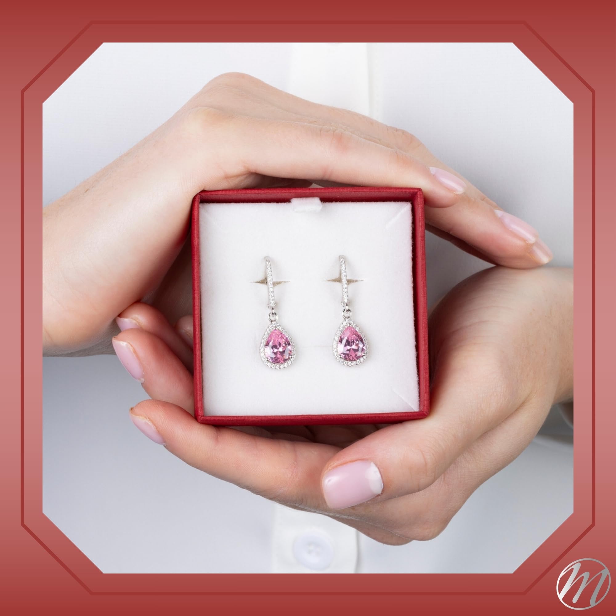 Sterling Silver Leverback Dangle Earrings for Women - Simulated Diamond Pear Halo Design | Elegant Gift Box Included | Perfect for Weddings, Parties & Special Occasions