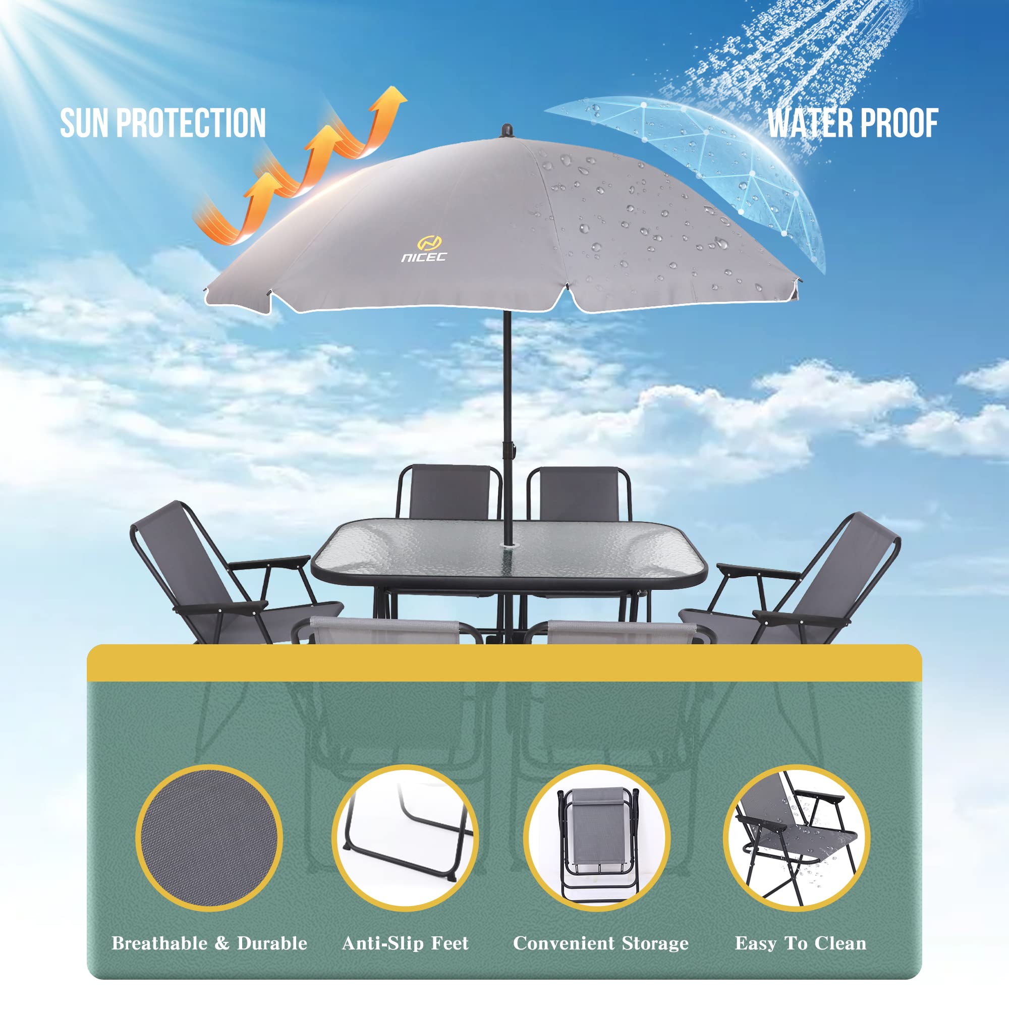 Premium 8-Piece Outdoor Dining Set with Umbrella - Patio Furniture Set with Glass Table & 6 Folding Chairs (Grey) - Perfect for Garden, Backyard, Poolside & Outdoor Entertaining