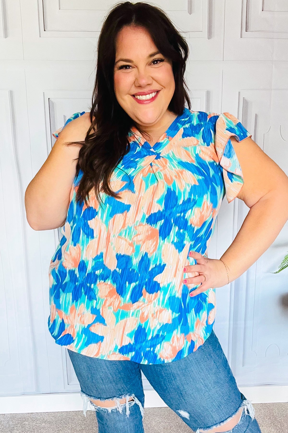 Haptics Tropical Breeze Turquoise Floral Banded V-Neck Flutter Sleeve Blouse for Women - Summer Beach Vacation & Boho Chic Outfit