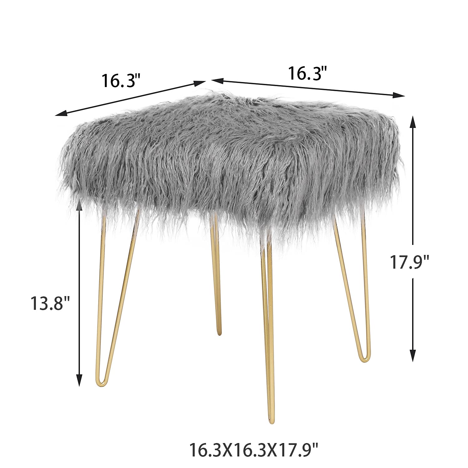 Joveco Square Fur Ottoman Footrest with Metal Legs - Elegant Grey Footstool for Bedroom, Living Room | Perfect for Reading Nook, Lounge Chair Companion & Home Decor Accent