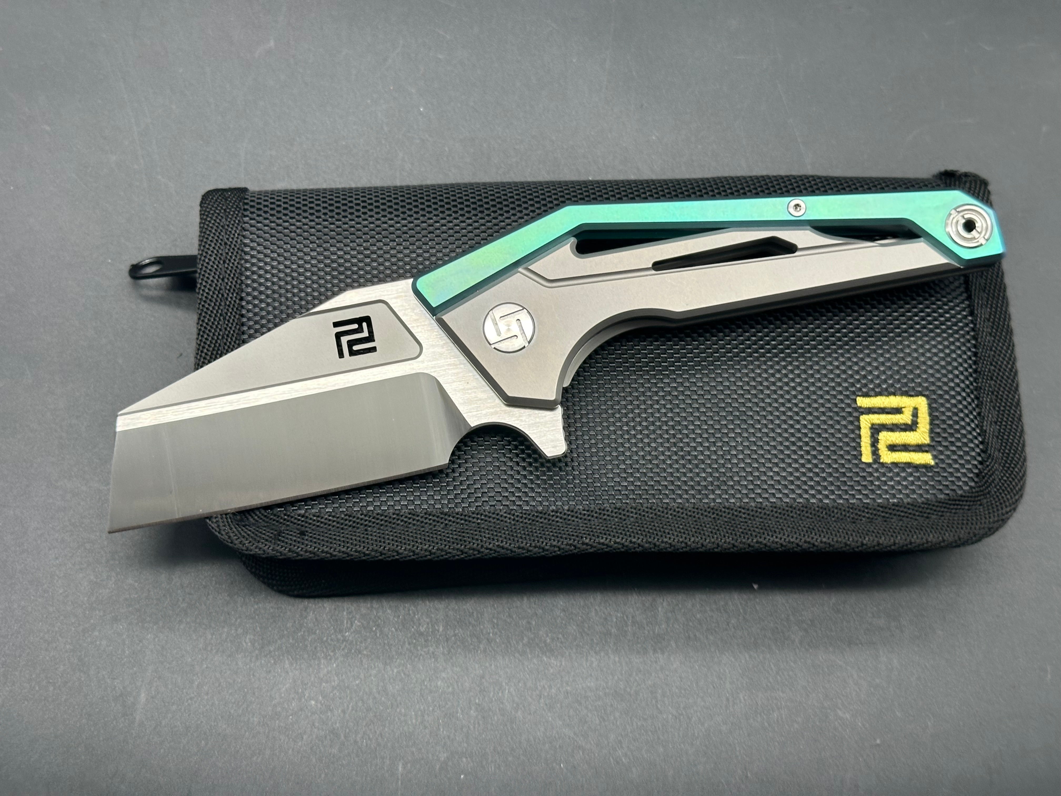 Artisan Cutlery Ravine S35VN Folding Knife - Wharncliffe Blade, Green/Gray Titanium Handles - EDC Pocket Knife for Camping, Hiking & Outdoor Adventures