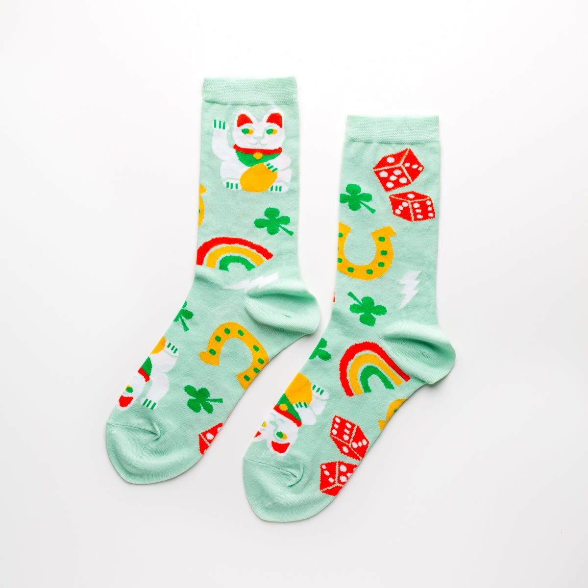 Lucky Cat & Clover Crew Socks for Women - Small Size | Cute Japanese Maneki Neko & Shamrock Ankle Socks | Perfect for St. Patrick's Day, Cosplay & Kawaii Fashion