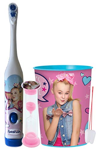 JoJo Siwa 3-Piece Kids Oral Care Set - Electric Spin Toothbrush with Timer, Mouthwash Cup & Dental Gift Bag | Fun Bathroom Essentials for Girls | Perfect Birthday Gift & Tooth Fairy Present