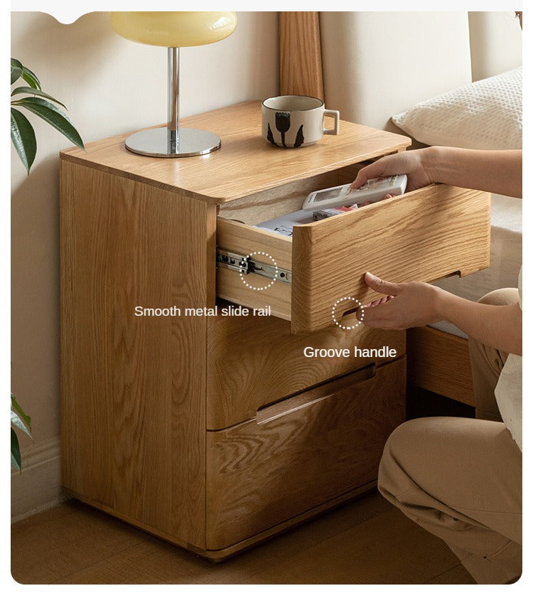 Solid Oak Wood 3-Drawer Nightstand with Lock - Bedside Table for Bedroom, Living Room & Office Storage