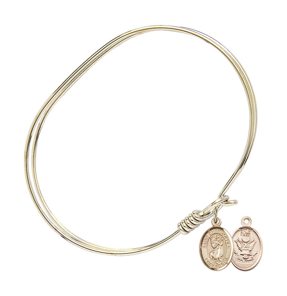 Gold-Filled Oval Eye Hook Bangle Bracelet with St. Christopher & Army Charm - Perfect for Military Appreciation, Travel Protection & Everyday Wear