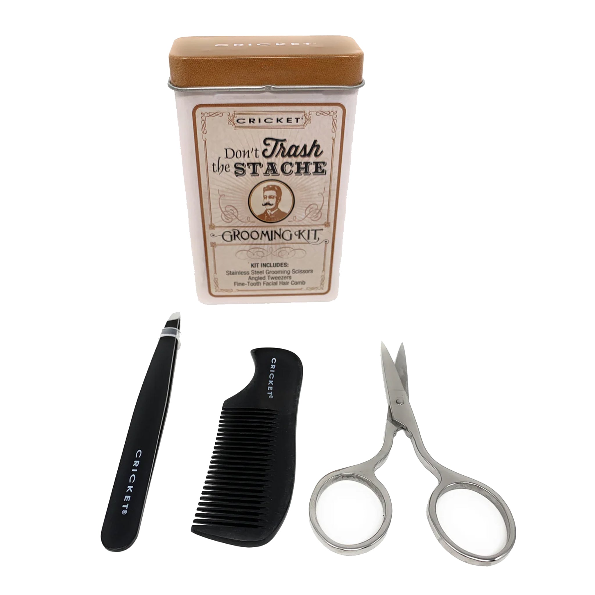 Premium Cricket Don't Trash The Stache Grooming Kit - 3-Piece Set with Grooming Shears, Tweezers & Beard Comb for Men | Perfect for Travel, Home & Gift Giving