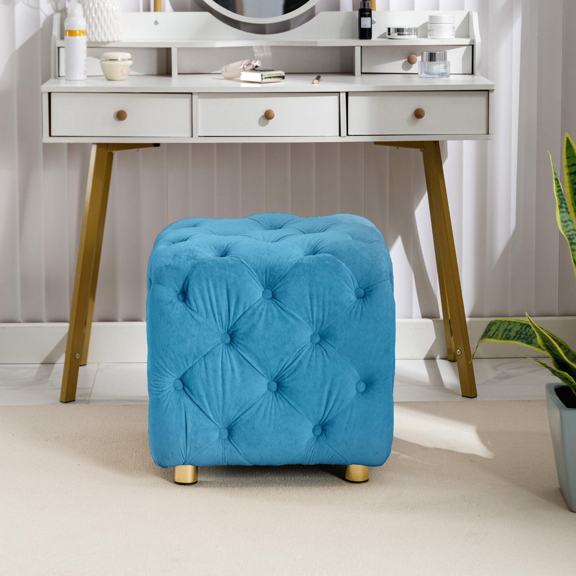 Blue Modern Velvet Upholstered Ottoman - Small End Table & Soft Foot Stool | Dressing Makeup Chair with Comfortable Seat for Living Room, Bedroom & Entryway | Perfect for Lounging, Storage & Home Decor