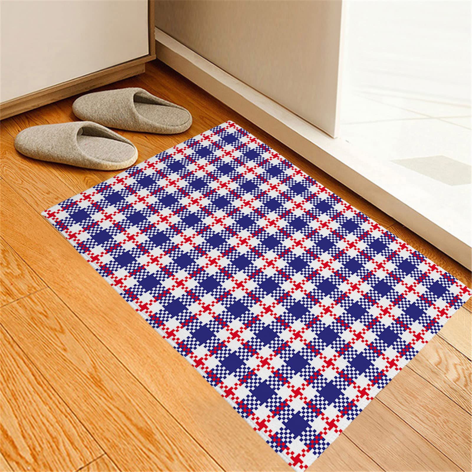 4th of July Patriotic Doormat - Non-Slip Buffalo Plaid Entryway Rug in Red, White & Blue - 15.7x23.6 Inch Indoor Welcome Mat for Front Door, Kitchen, Living Room, Bathroom & Bedroom - Perfect for Independence Day Decor & Year-Round American Home Style