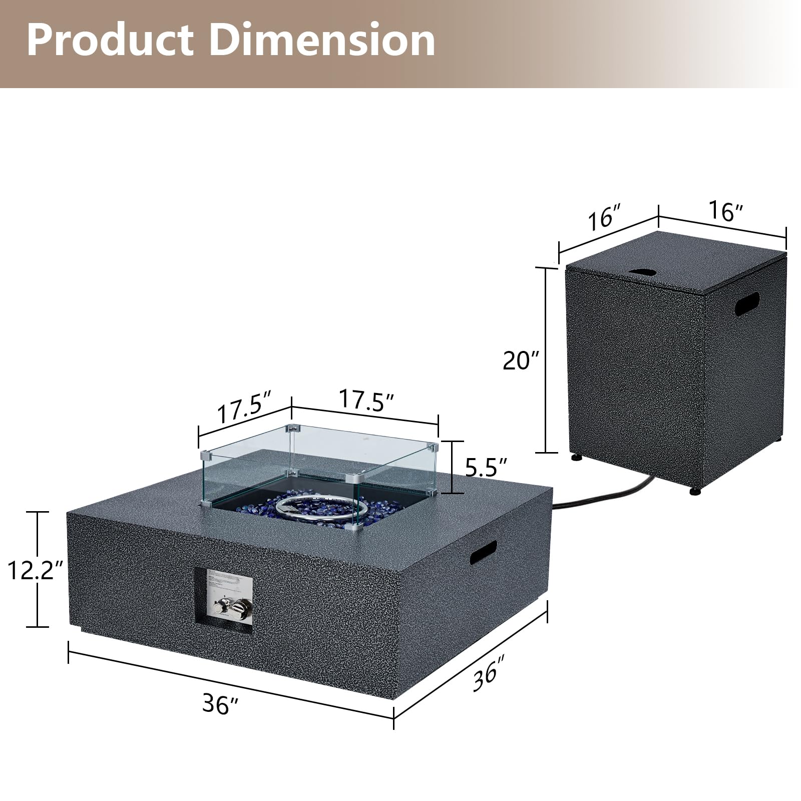 GARVEE 2-Piece 36-Inch Outdoor Propane Fire Pit Set - 50,000 BTU Gas Fire Pit Table with 16-Inch Tank Side Table, Removable Lid, Wind Guard, Blue Glass Rocks & Rain Cover - Perfect for Patio, Backyard, Garden & Camping Gatherings