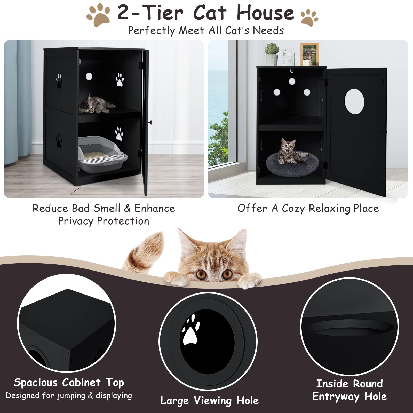 Tangkula 2-Tier Cat Litter Box Enclosure - Hidden Cat Washroom Furniture with Privacy Design, Anti-Toppling Device & Ventilation for Large Cats (Black) | Perfect for Home, Apartment & Pet-Friendly Spaces