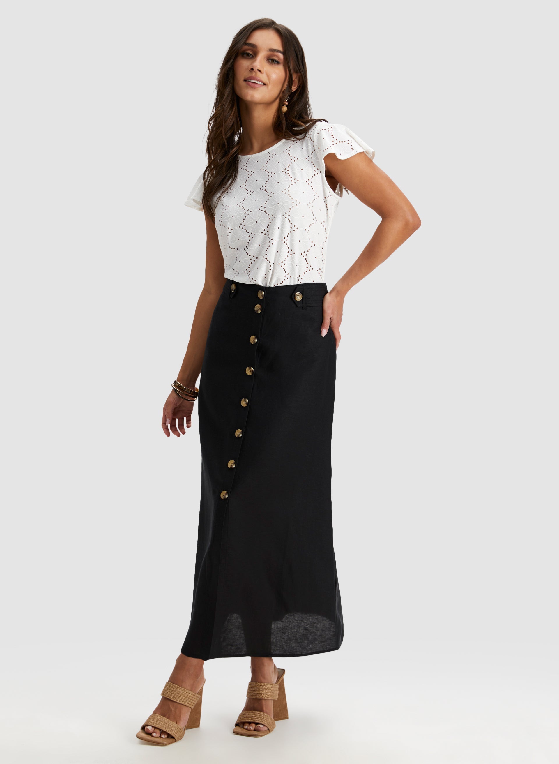 Elegant Button Detail Linen Maxi Skirt for Women - Boho Summer Beach Dress, Casual Outfit & Vacation Wear