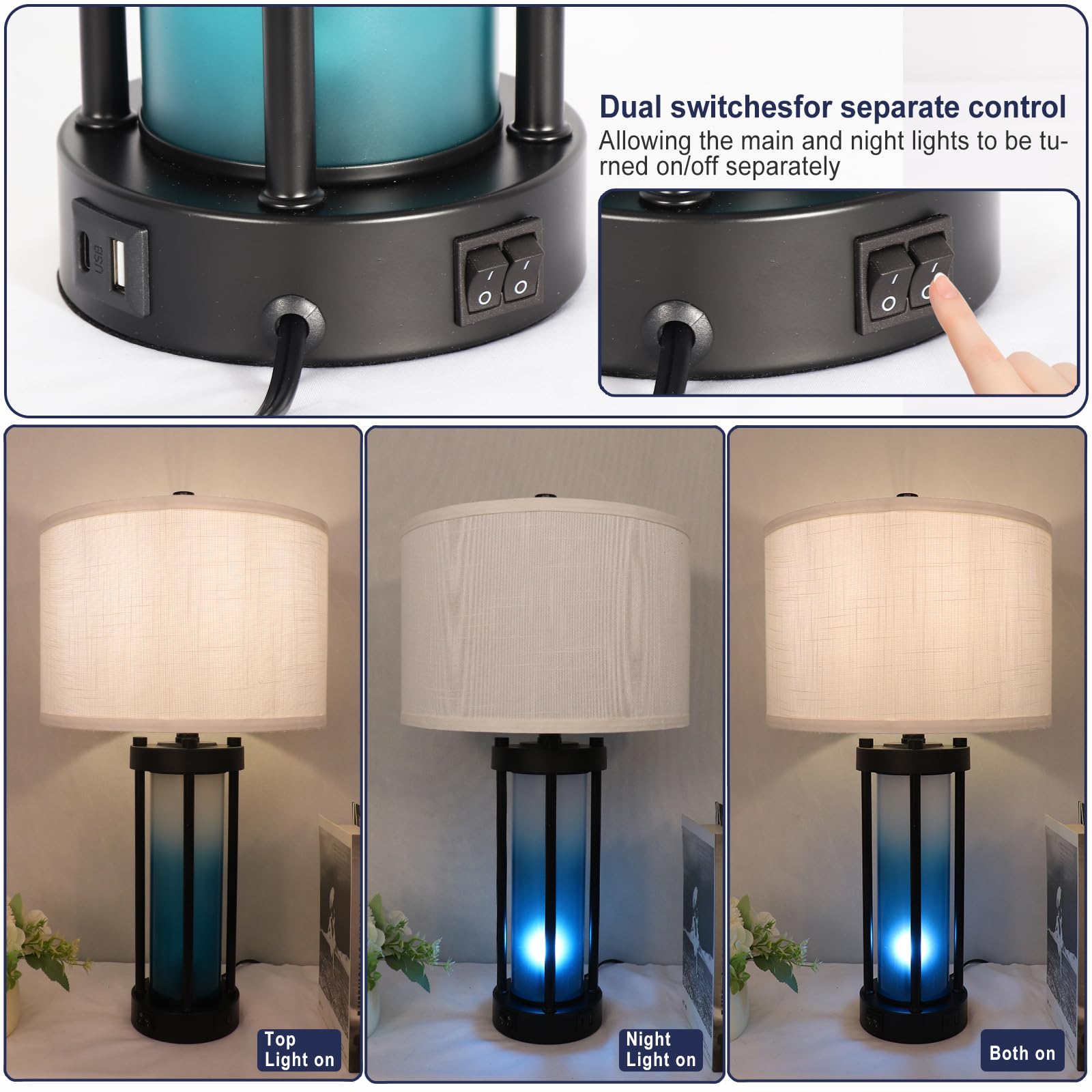 Modern Table Lamps Set of 2 - Gradient Blue Glass USB Bedside Lamps with Night Light, 3-Way Dimmable & 2 USB Ports for Bedroom, Living Room, Office - Includes 4 LED Bulbs (Warm/White/Cool Light) - Perfect for Reading, Working & Creating Ambiance