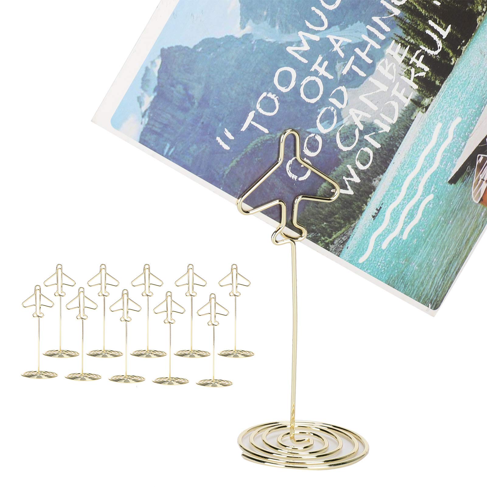 3.5 Inch Gold Metal Card Holders - 10 Pack Table Number Stands for Name Cards, Menus, Photos & Business Cards - Elegant Airplane Design with Base - Perfect for Weddings, Events & Office Organization