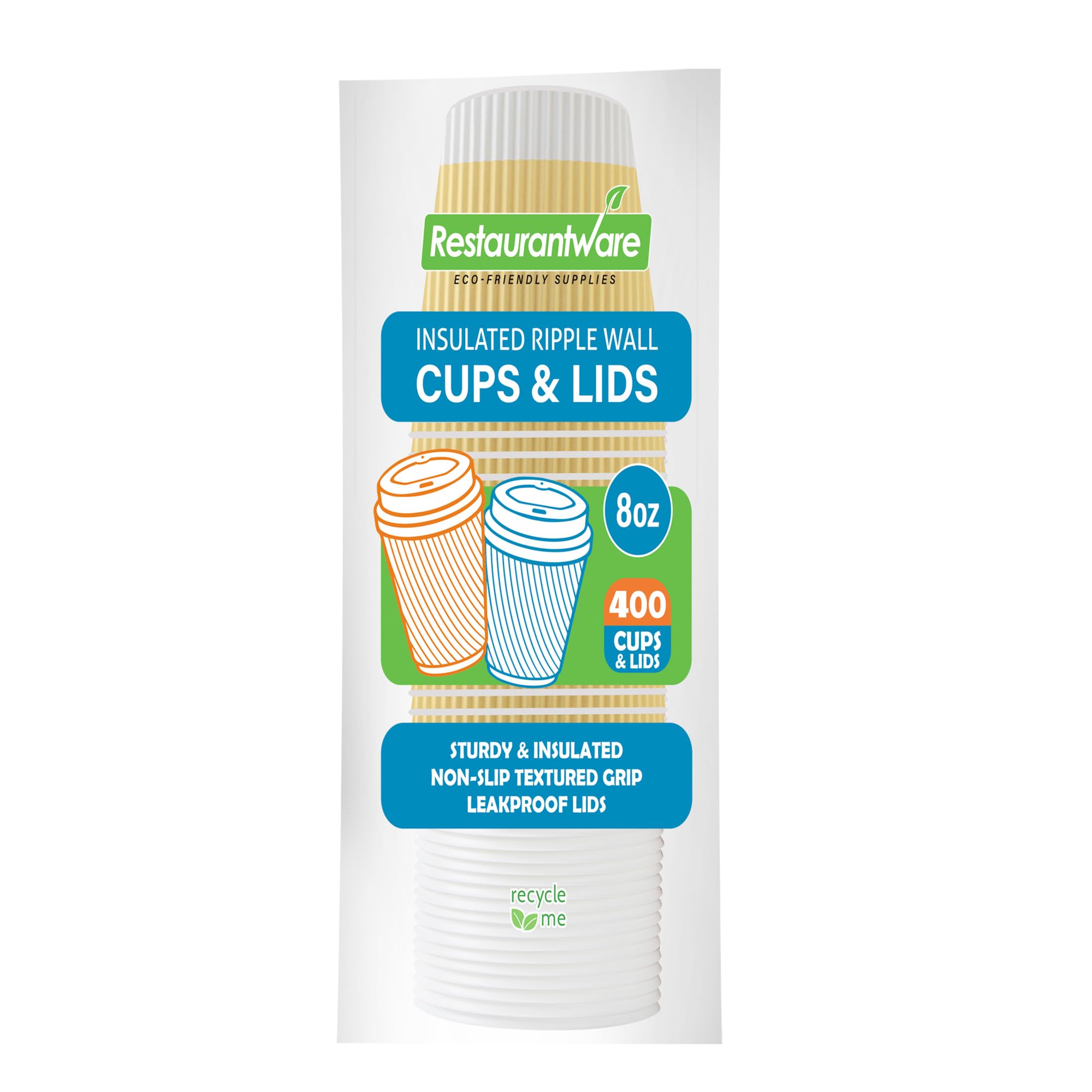 Restaurantware 8oz Insulated Coffee Cups with Lids - 400 Pack Leakproof Ripple Wall Hot Paper Cups | Eco-Friendly Disposable Cups for Coffee, Tea, Hot Chocolate & Lattes | Perfect for Cafes, Offices & Home Use