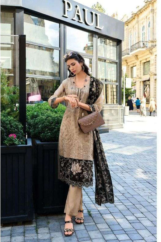 Elegant Beige Soft Organza Kurti Set with Fancy Embroidery & Digital Print - Includes Straight Kurti, Pants & Dupatta (D1345) | Perfect for Festive Occasions, Weddings & Ethnic Fashion