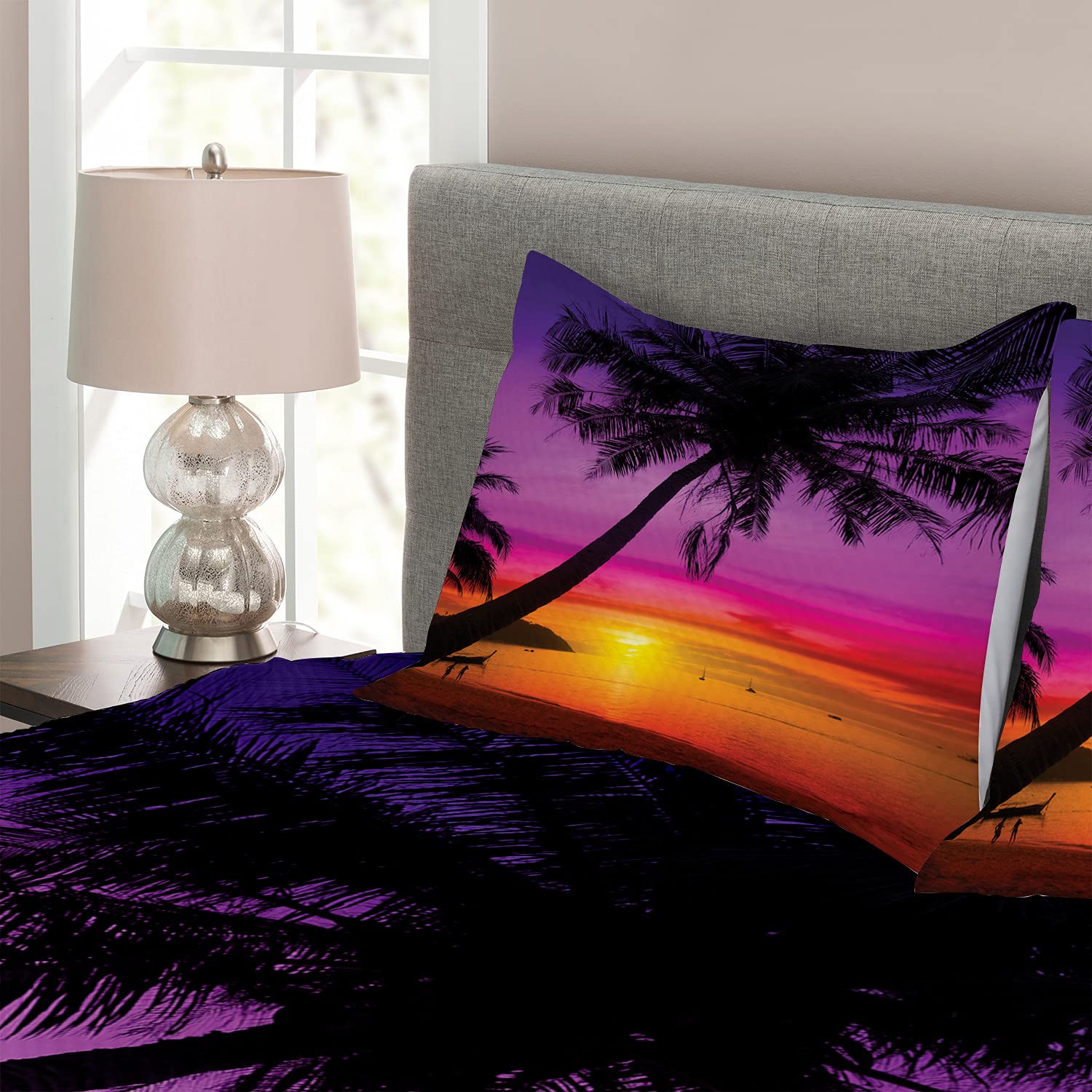 Ambesonne Tropical Queen Size Bedspread Set - 3 Piece Palm Tree Silhouette Beach Sunset Bedding with 2 Pillow Shams | Purple Orange Black Coastal Decor for Bedroom, Vacation Home & Summer Retreat