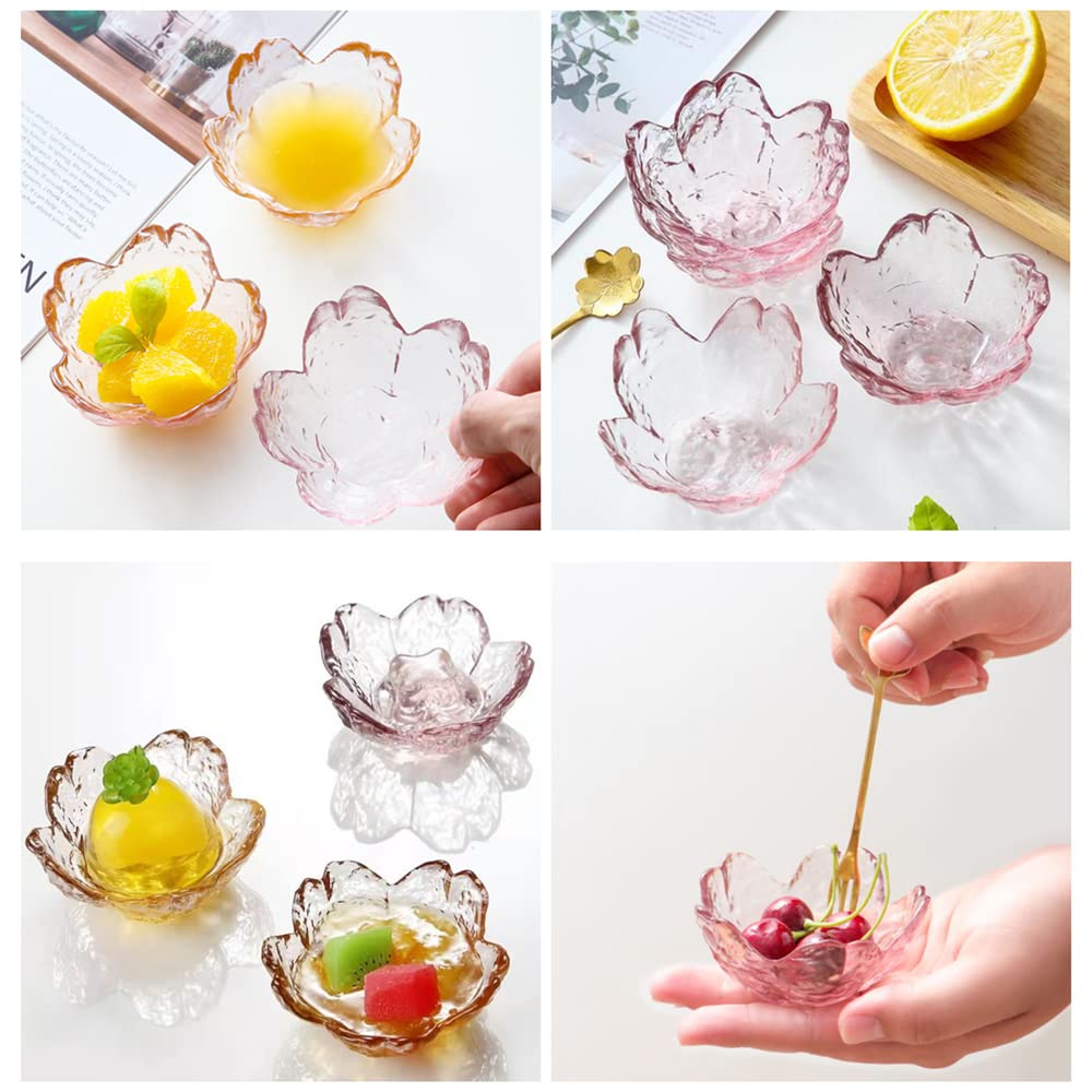 6 Pcs Sakura-Shaped Glass Seasoning Dishes - 3.4 Inch Small Dipping Bowls, Appetizer Plates & Cute Crystal Dessert Bowls in Pink - Perfect for Sushi, Soy Sauce, Snacks & Party Serving