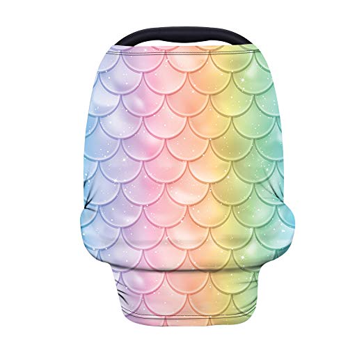 TOADDMOS Rainbow Fish Scale Stretchy Car Seat Cover for Babies - Soft Breathable Nursing Cover & Infant Car Seat Canopy - Universal Fit for Shopping Cart, High Chair, Stroller - Perfect for Travel, Breastfeeding & Outdoor Adventures