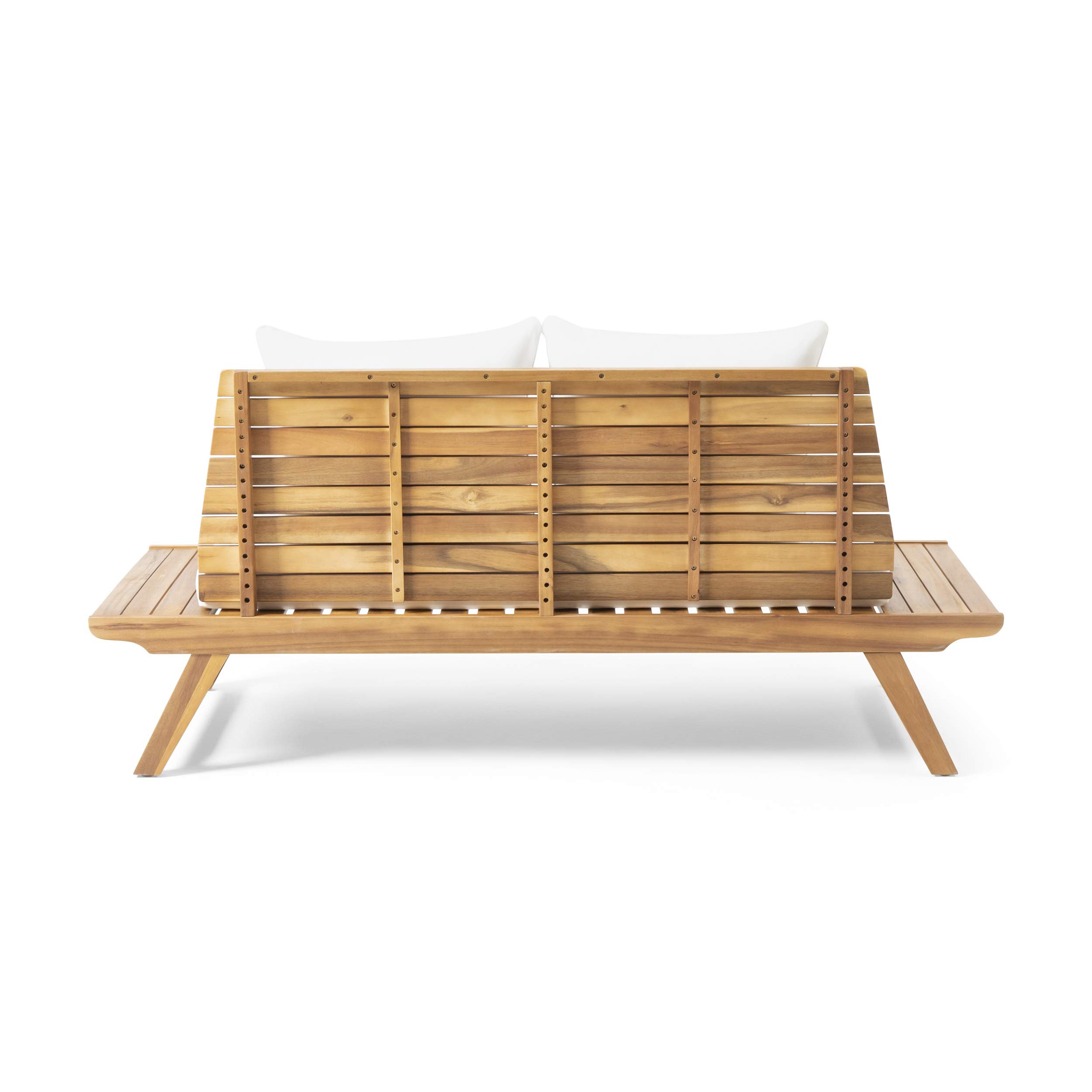 GDFStudio Outdoor Wooden Loveseat with Cushions - White & Teak Finish Patio Furniture Set for Garden, Porch, and Backyard Relaxation