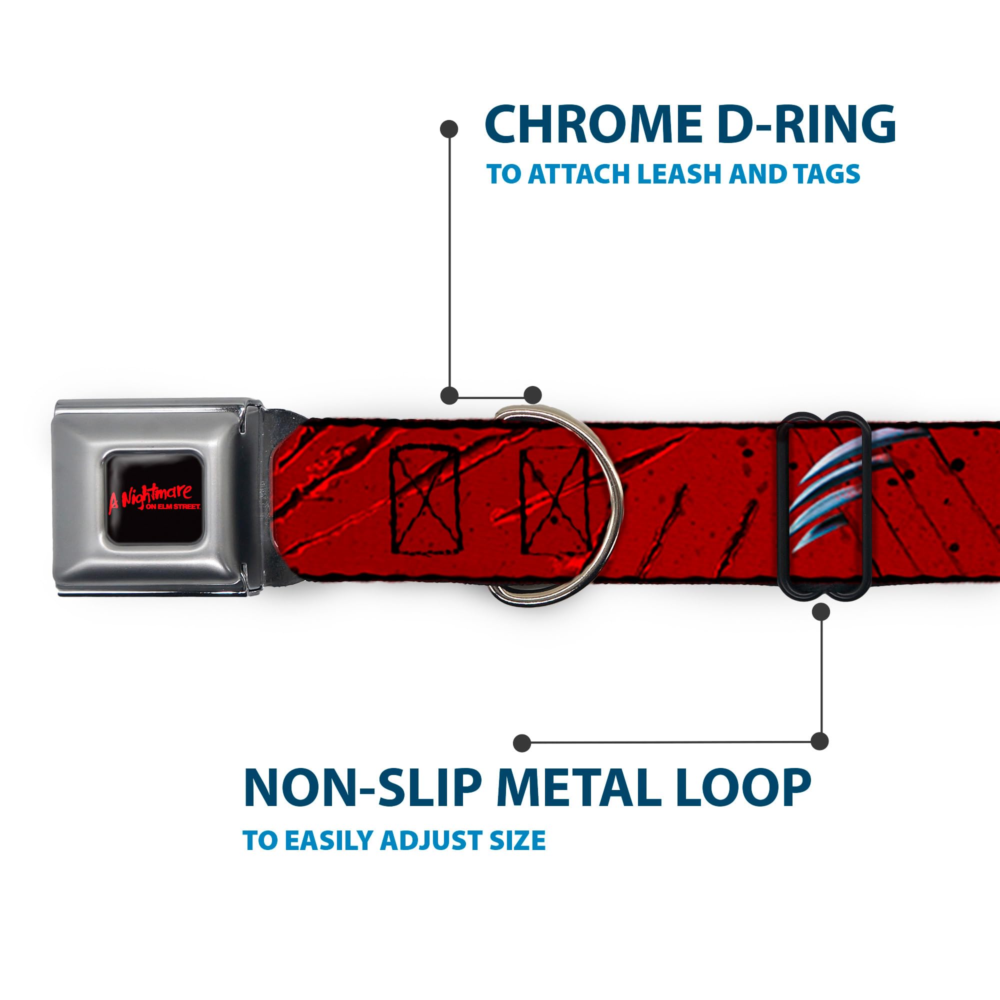 Nightmare on Elm Street Freddy Krueger Dog Collar - Red Horror Movie Pet Accessory with Seatbelt Buckle, 18-32 Inches Adjustable, 1.5