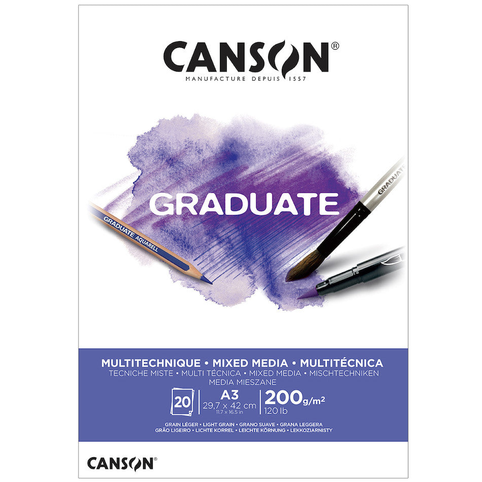 Canson Graduate White Mixed Media Pad A3 - 9.5 x 12.5 Inches, 98lb/160gsm Heavyweight Paper - Perfect for Watercolor, Acrylic, Ink & Pencil - Ideal for Artists, Students & Sketching Projects