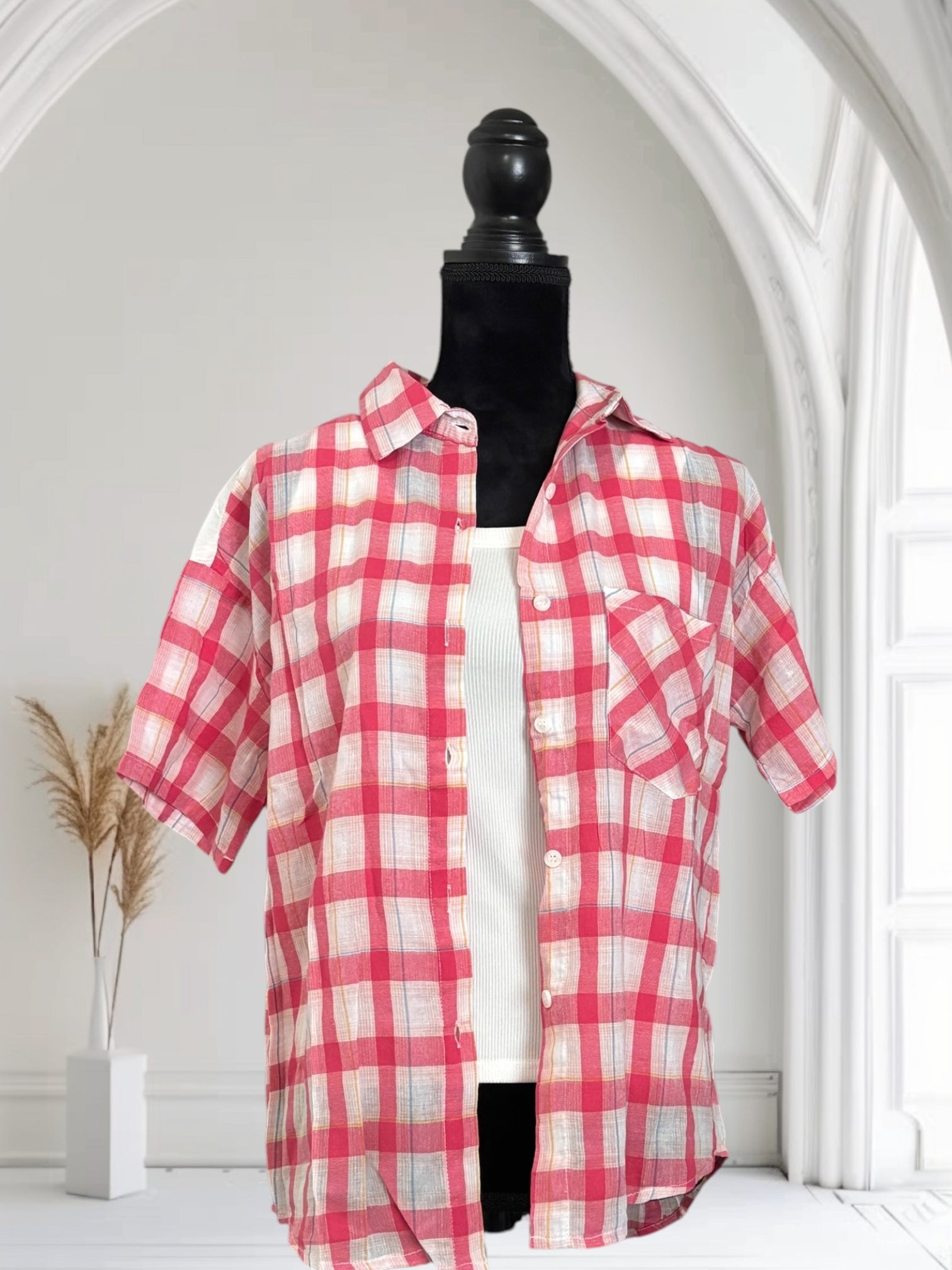 Stylish Women's Plaid Shirt - Summer Short Sleeve Thin Button Down Top for Casual Outings & Beach Cover Ups