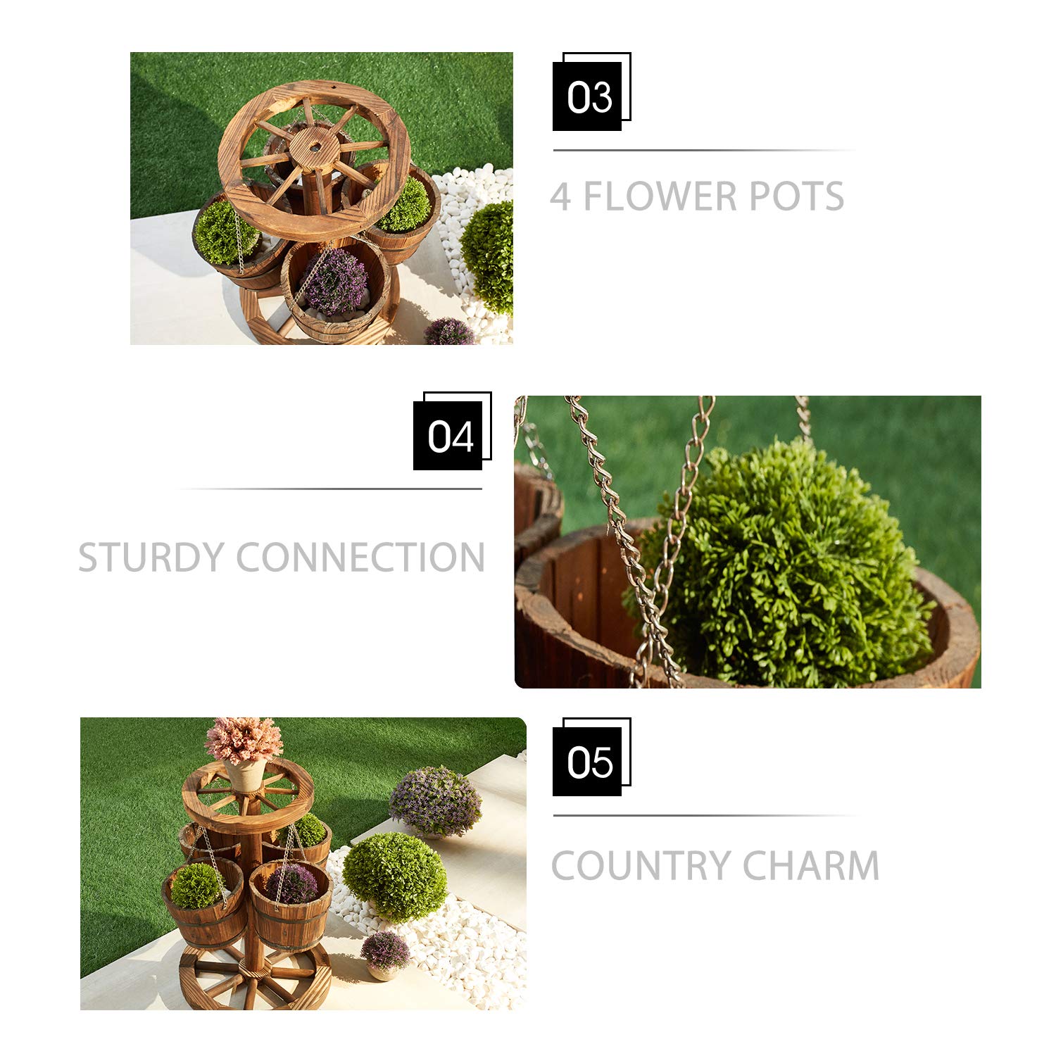 LOKATSE HOME Rustic Wooden Wagon Barrel Wheel Planter with Buckets - Outdoor Garden Decor for Patio, Yard, and Porch - Perfect for Flowers, Plants, and Herbs